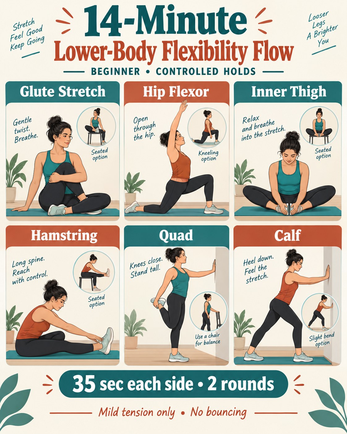 14-minute lower-body flexibility flow infographic with six controlled stretches