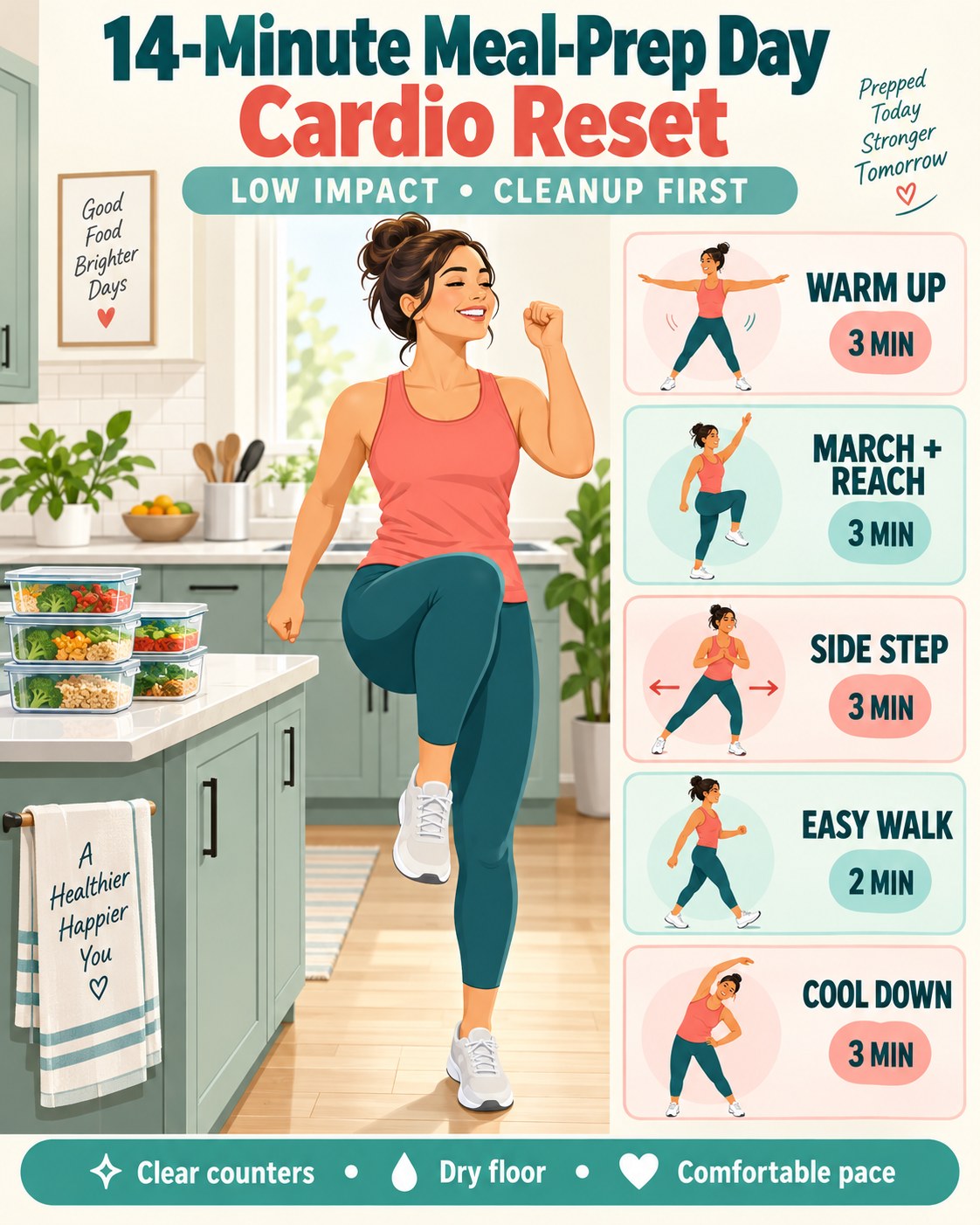 14-minute meal-prep day cardio reset infographic with five low-impact timed blocks
