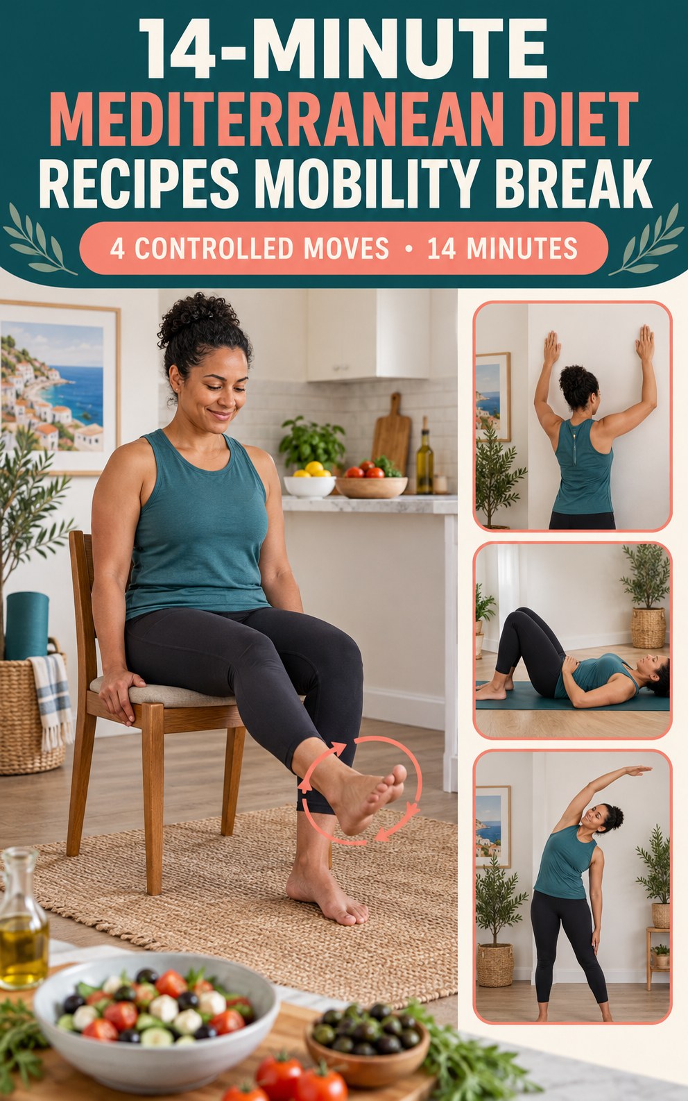 Adult demonstrating seated ankle circles in a 14-minute mediterranean diet recipes mobility break infographic.