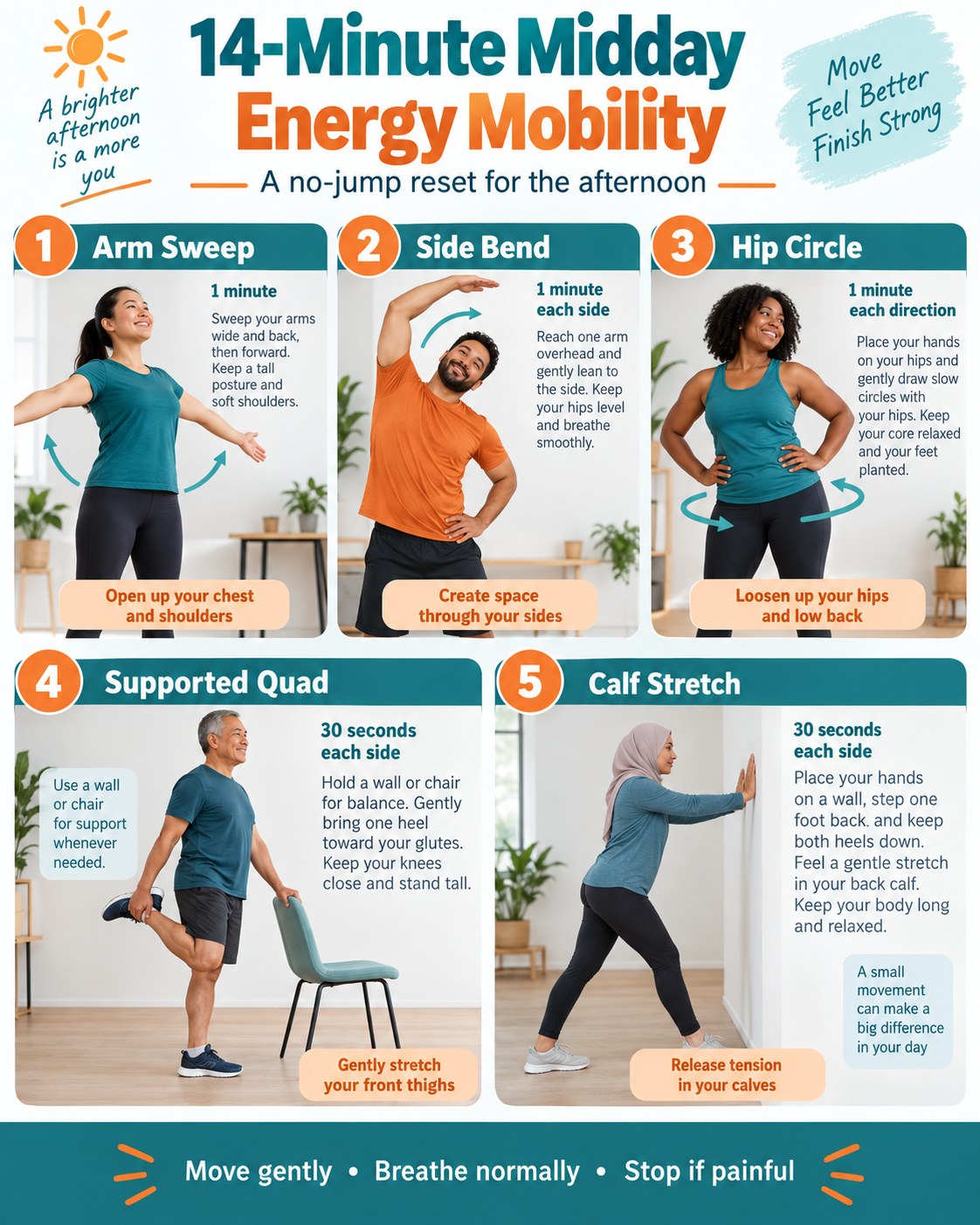 14-Minute Midday Energy Mobility infographic demonstrating arm sweeps, side bend, hip circles, supported quadriceps, and calf stretch