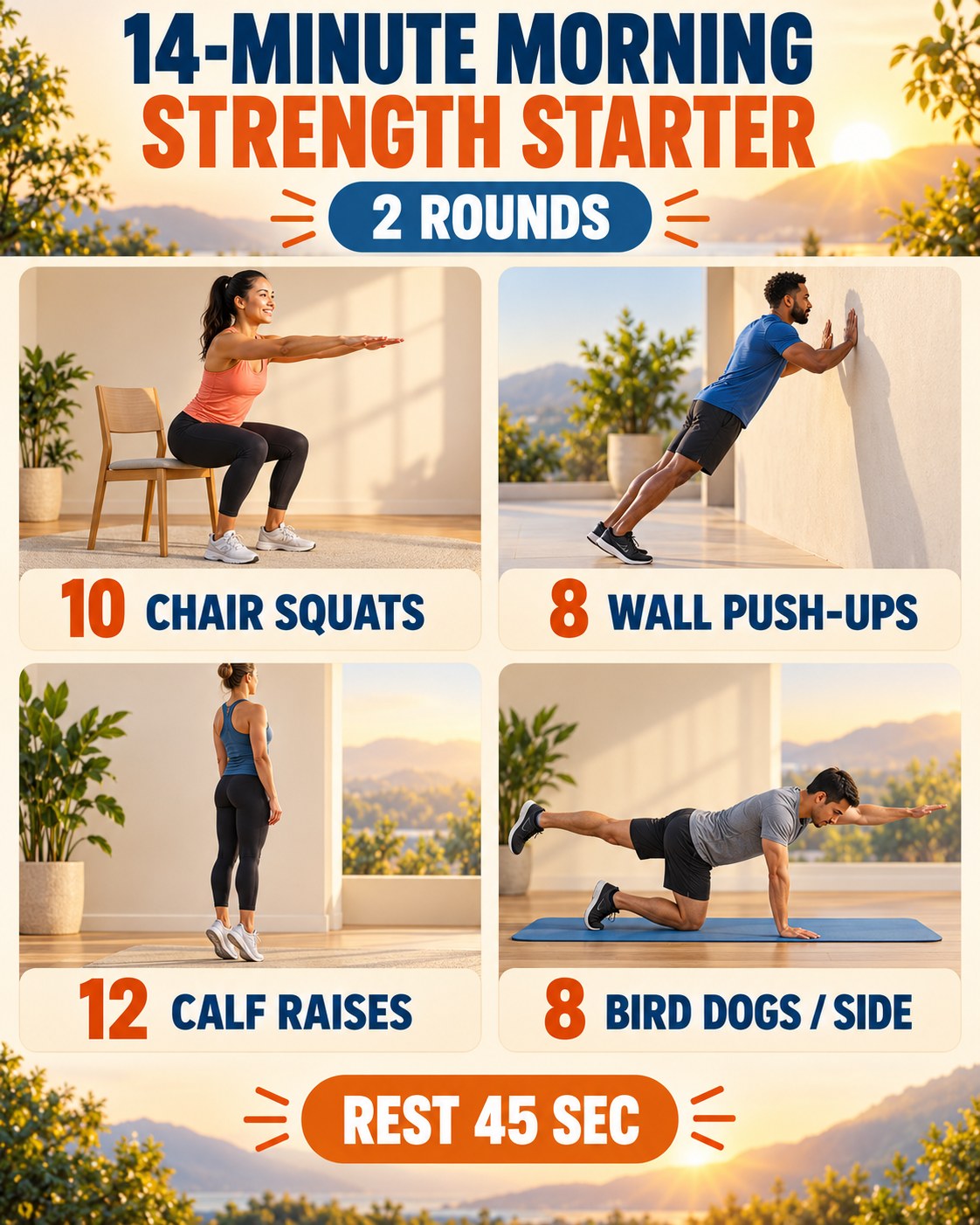 14-minute morning strength starter with four illustrated beginner exercises