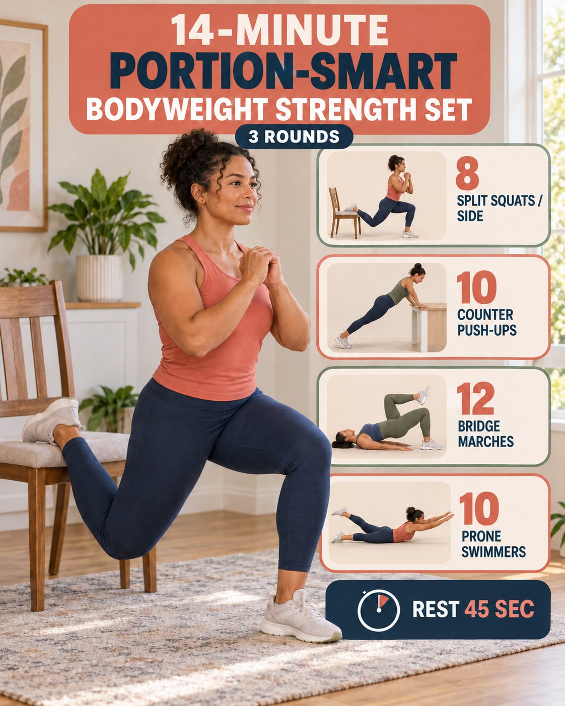 Woman doing a chair-assisted split squat beside a 14-minute portion-smart bodyweight strength infographic.