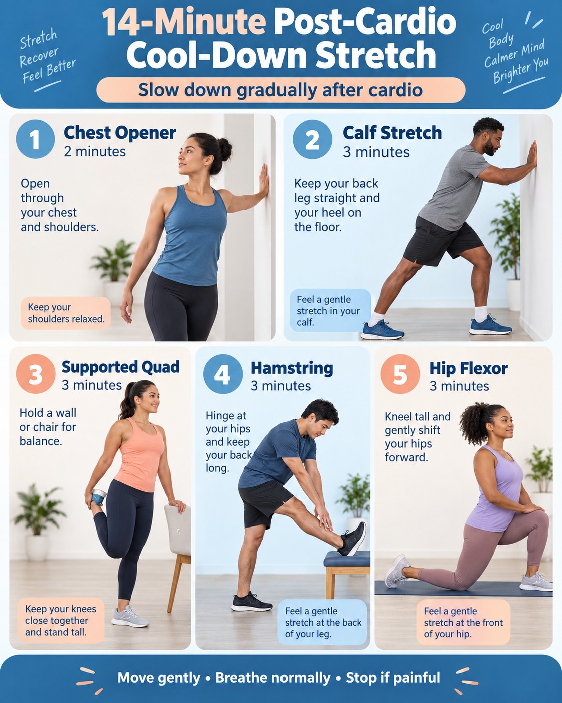 14-Minute Post-Cardio Cool-Down Stretch infographic demonstrating chest opener, calf stretch, supported quadriceps, hamstring, hip flexor