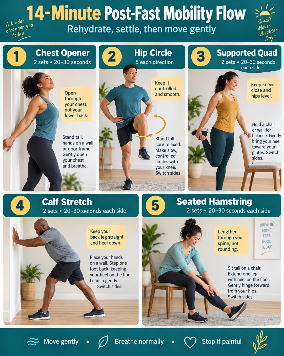 14-Minute Post-Fast Mobility Flow infographic demonstrating chest opener, hip circles, supported quadriceps stretch, calf stretch, and seated hamstring stretch