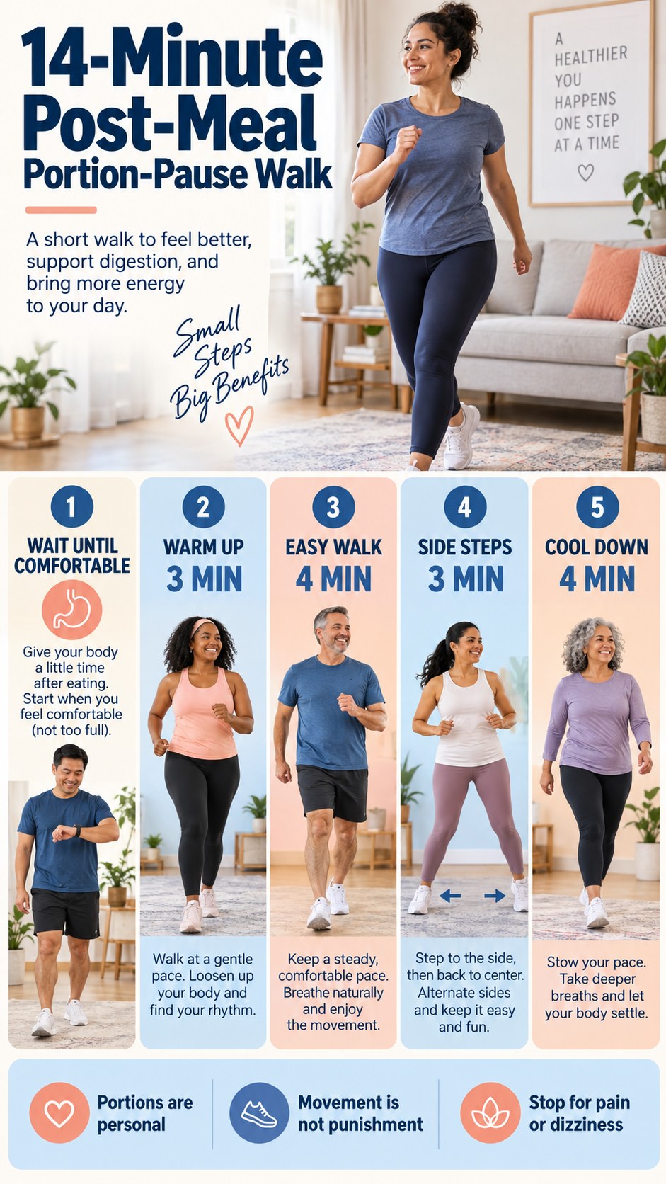 Fourteen-minute post-meal walk infographic with warm-up, easy walking, side steps, cool-down, and portion-neutral safety notes.