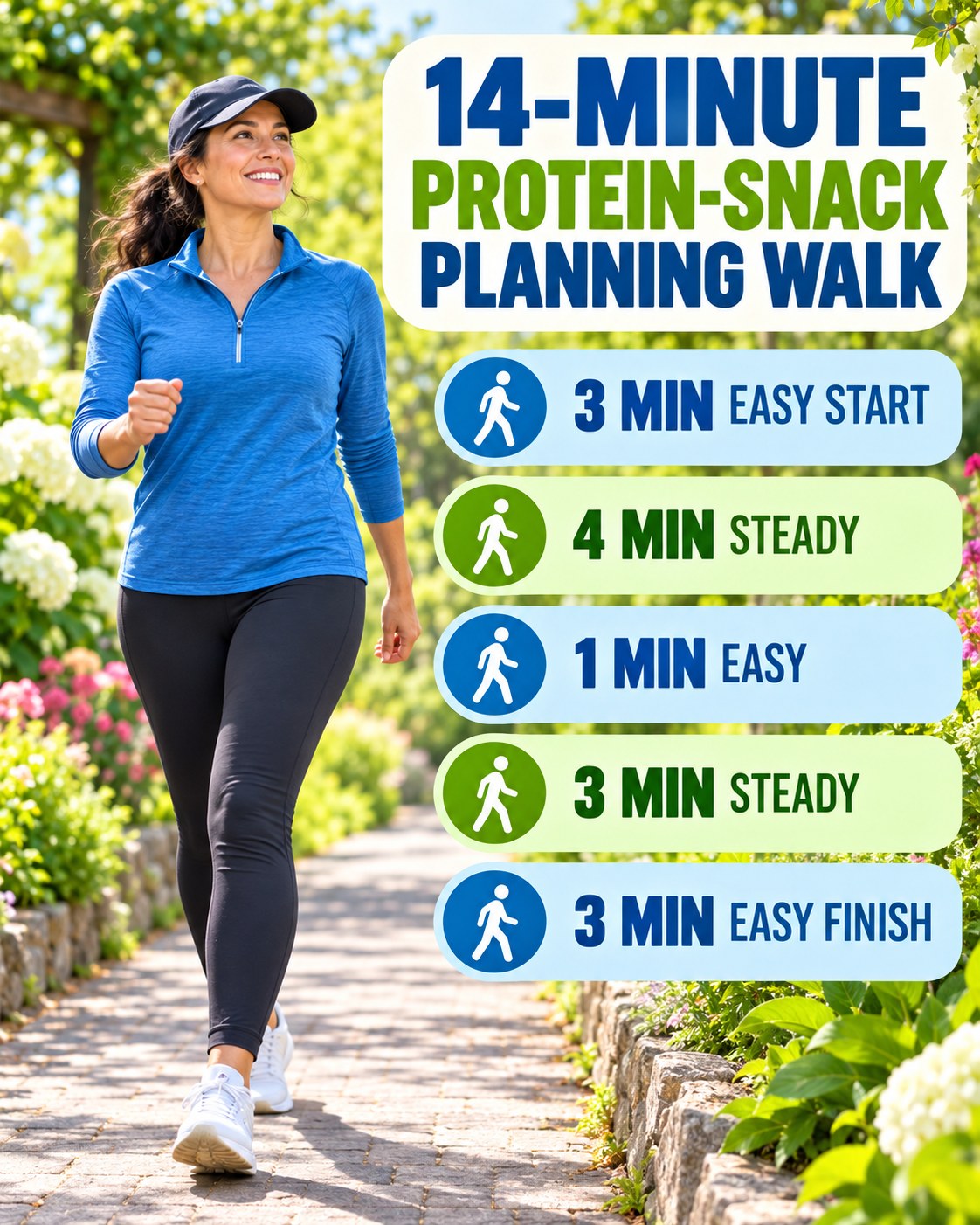 14-minute protein-snack planning walking routine with two steady blocks and easy recovery
