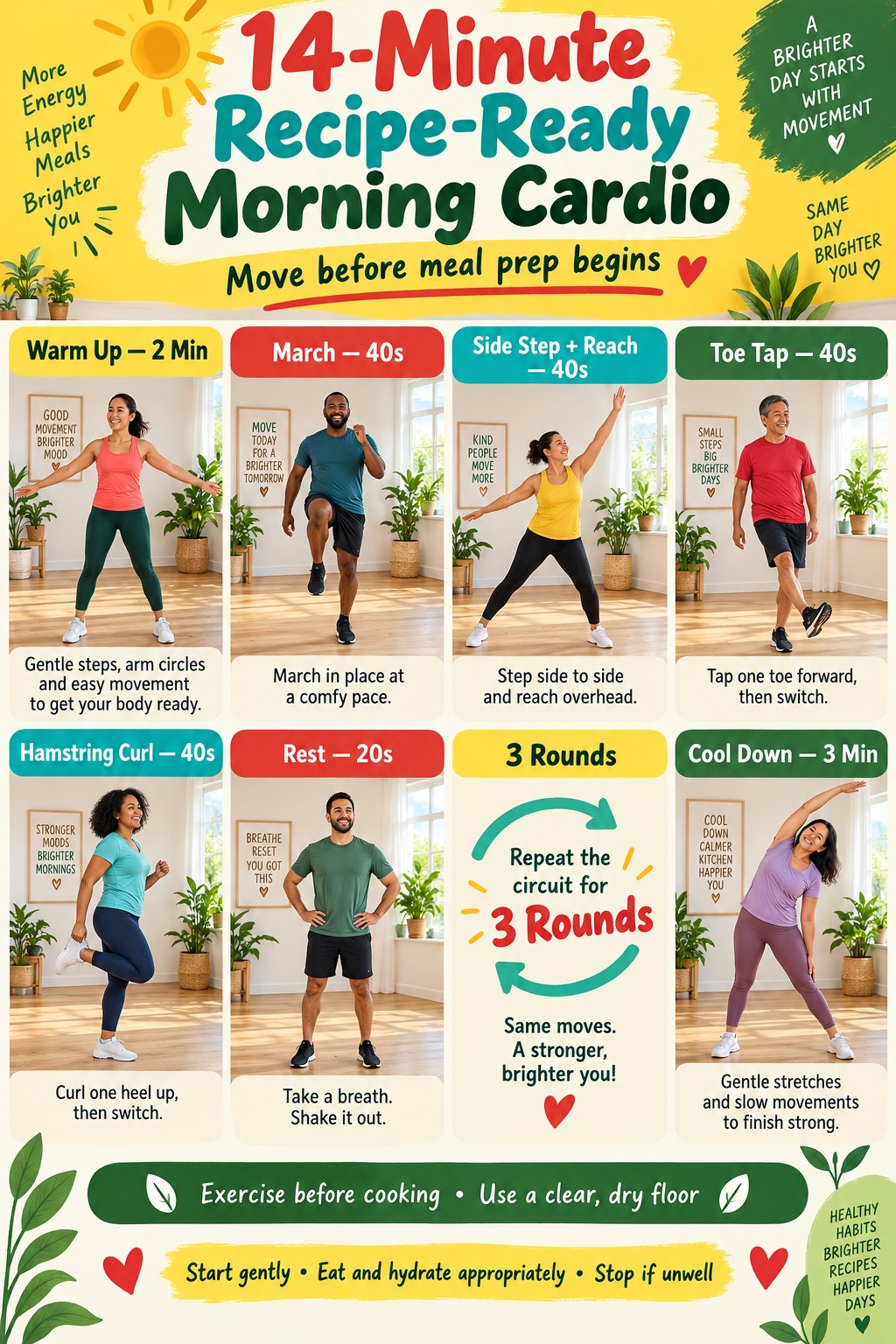 Recipe-ready morning cardio infographic showing marching, side steps with reaches, toe taps, hamstring curls, rest, three rounds, and kitchen safety notes.