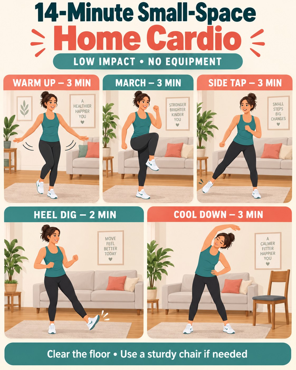 14-minute small-space home cardio infographic with five low-impact timed blocks