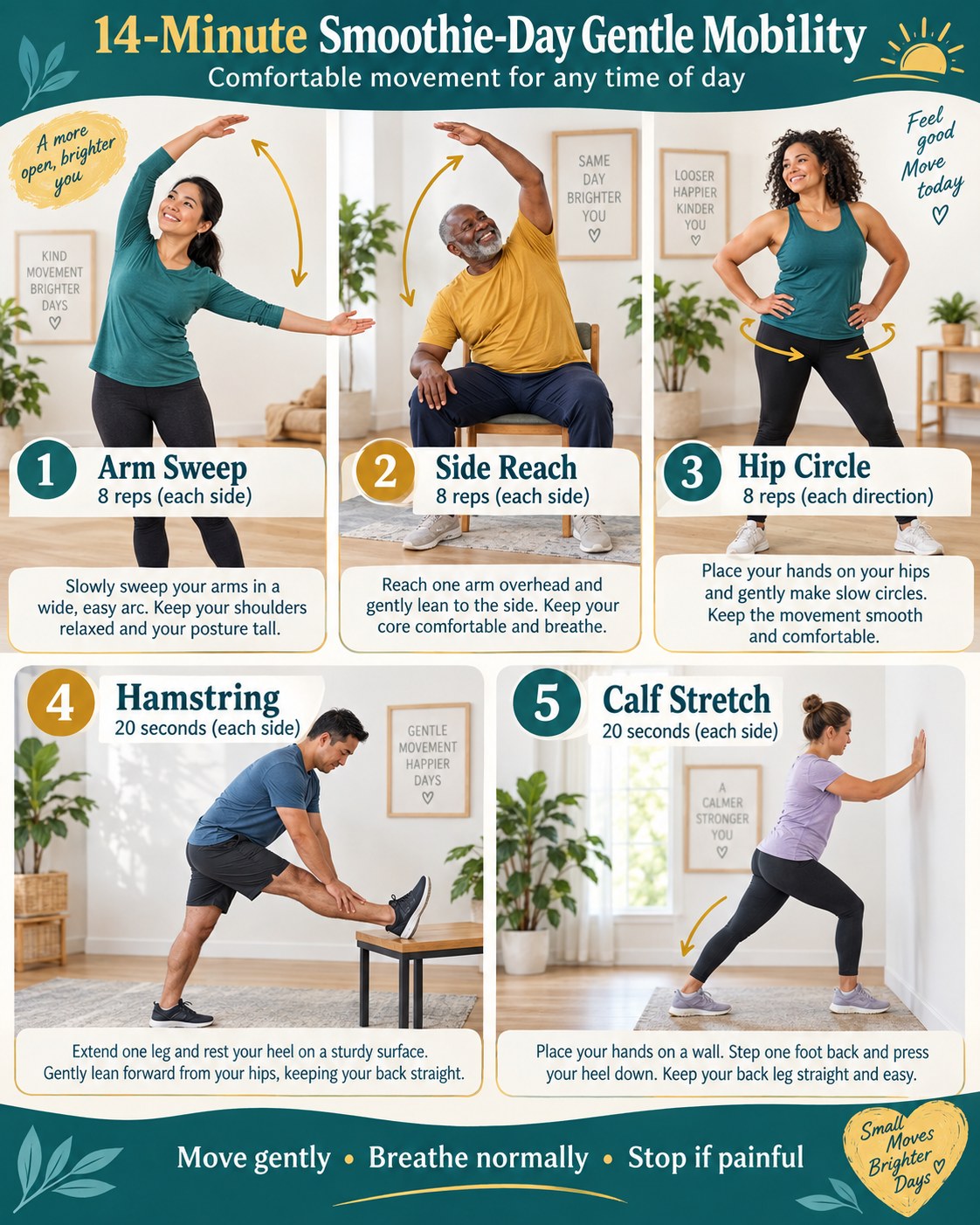 14-Minute Smoothie-Day Gentle Mobility infographic demonstrating arm sweeps, side reach, hip circles, hamstring, calf stretch