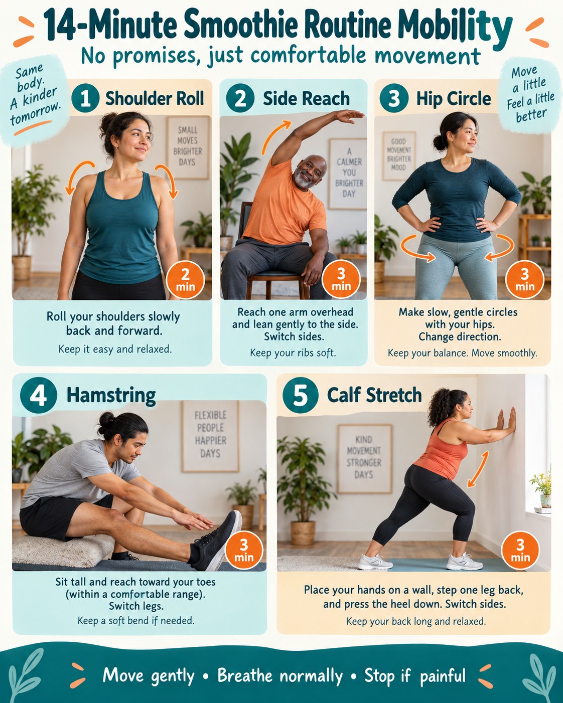 14-Minute Smoothie Routine Mobility infographic demonstrating shoulder rolls, side reach, hip circles, hamstring, calf stretch