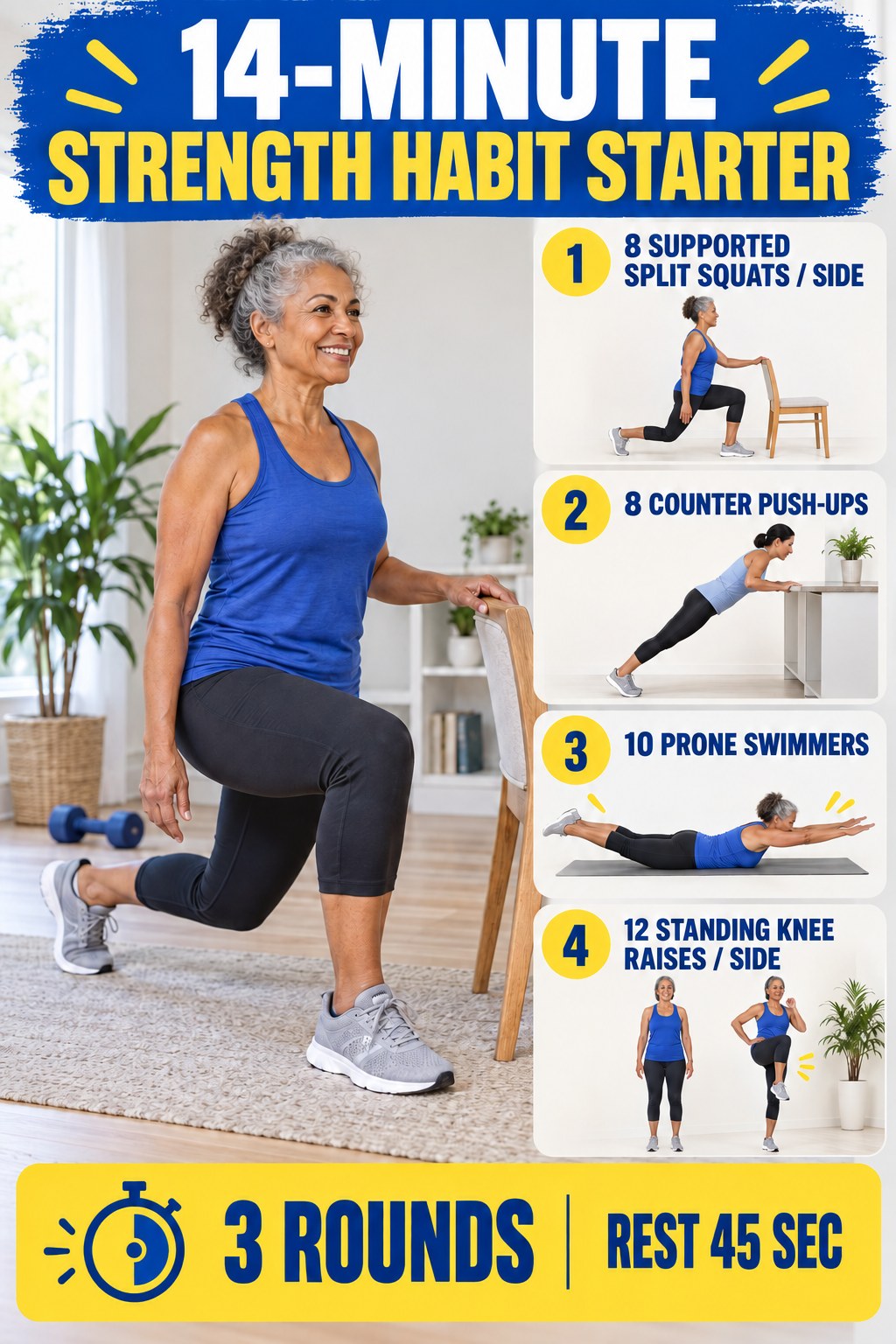 Older woman performing a supported split squat beside a 14-minute strength habit starter infographic.