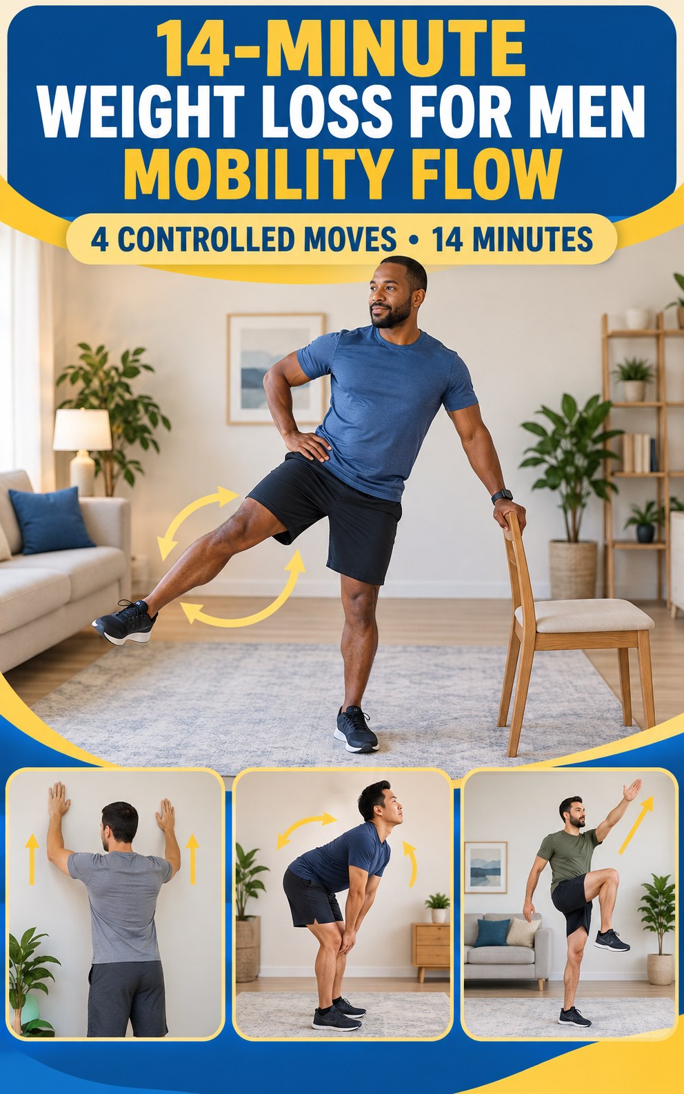 Adult demonstrating supported hip circles in a 14-minute weight loss for men mobility flow infographic.