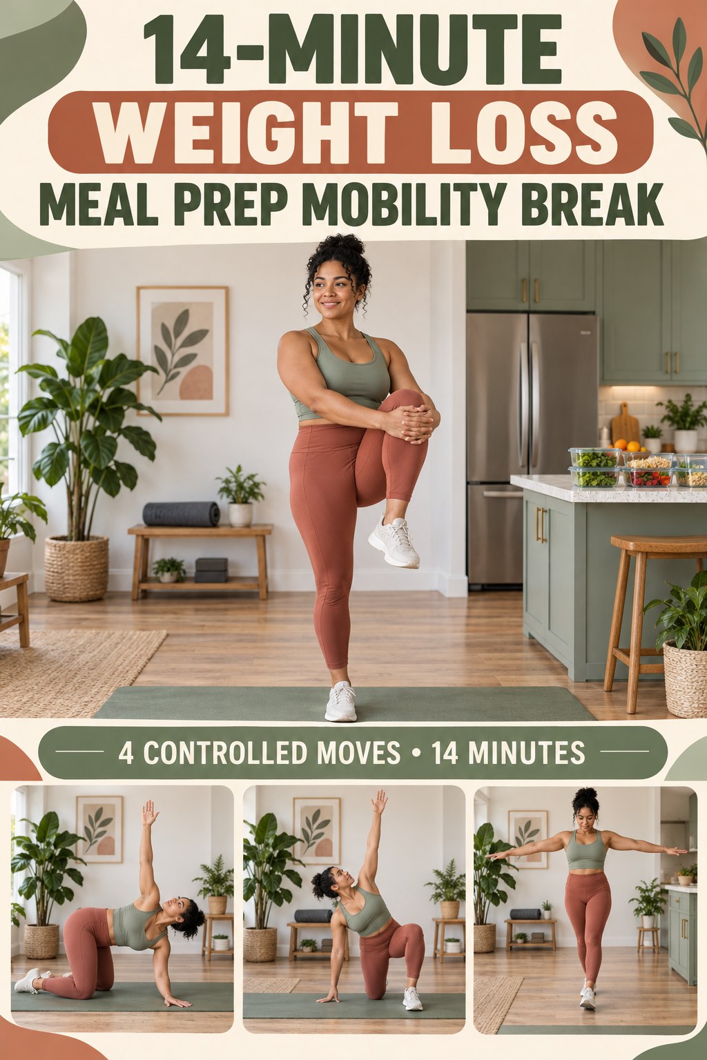 Adult demonstrating standing hip openers in a 14-minute weight loss meal prep mobility break infographic.