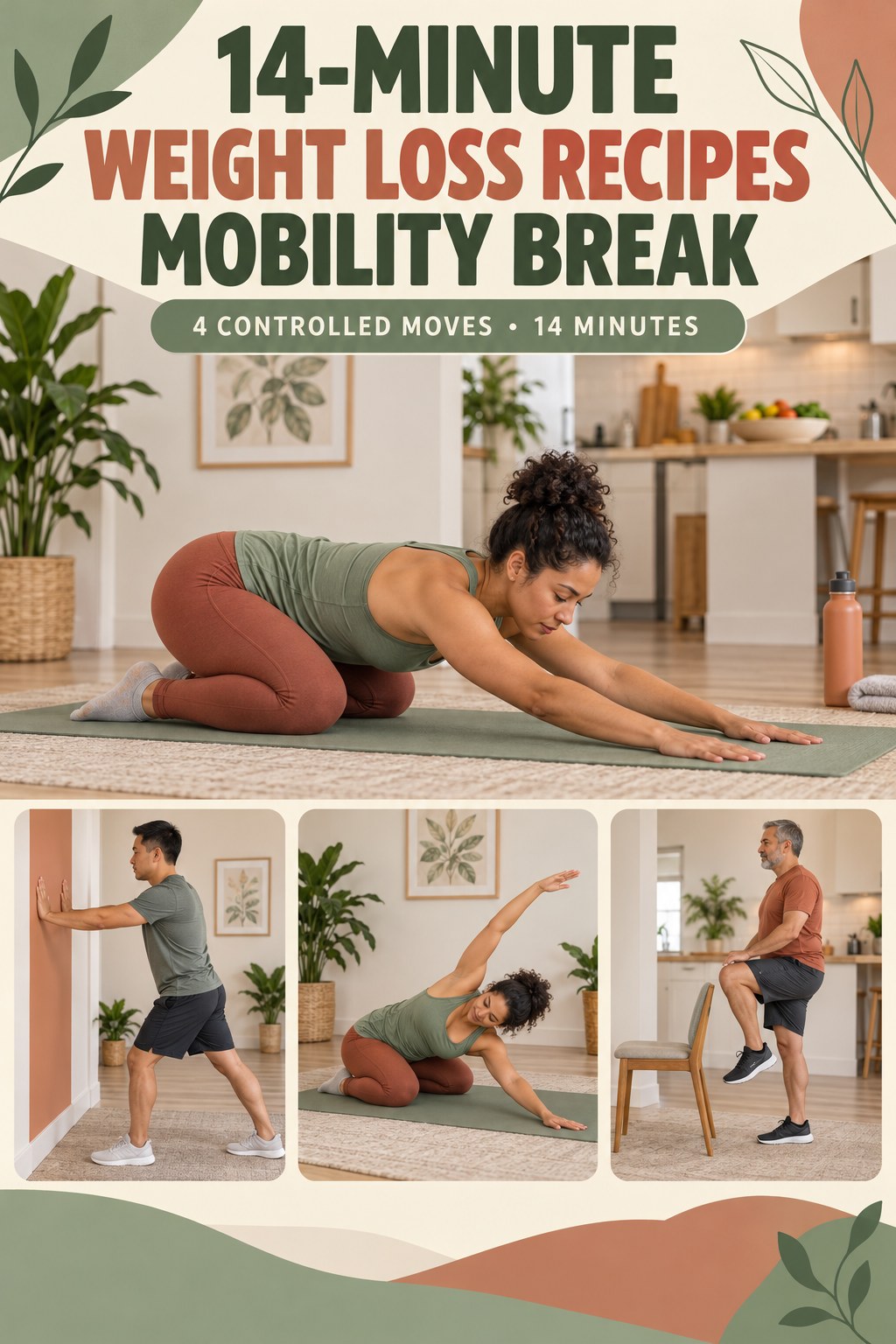 Adult demonstrating quadruped hip rock-backs in a 14-minute weight loss recipes mobility break infographic.