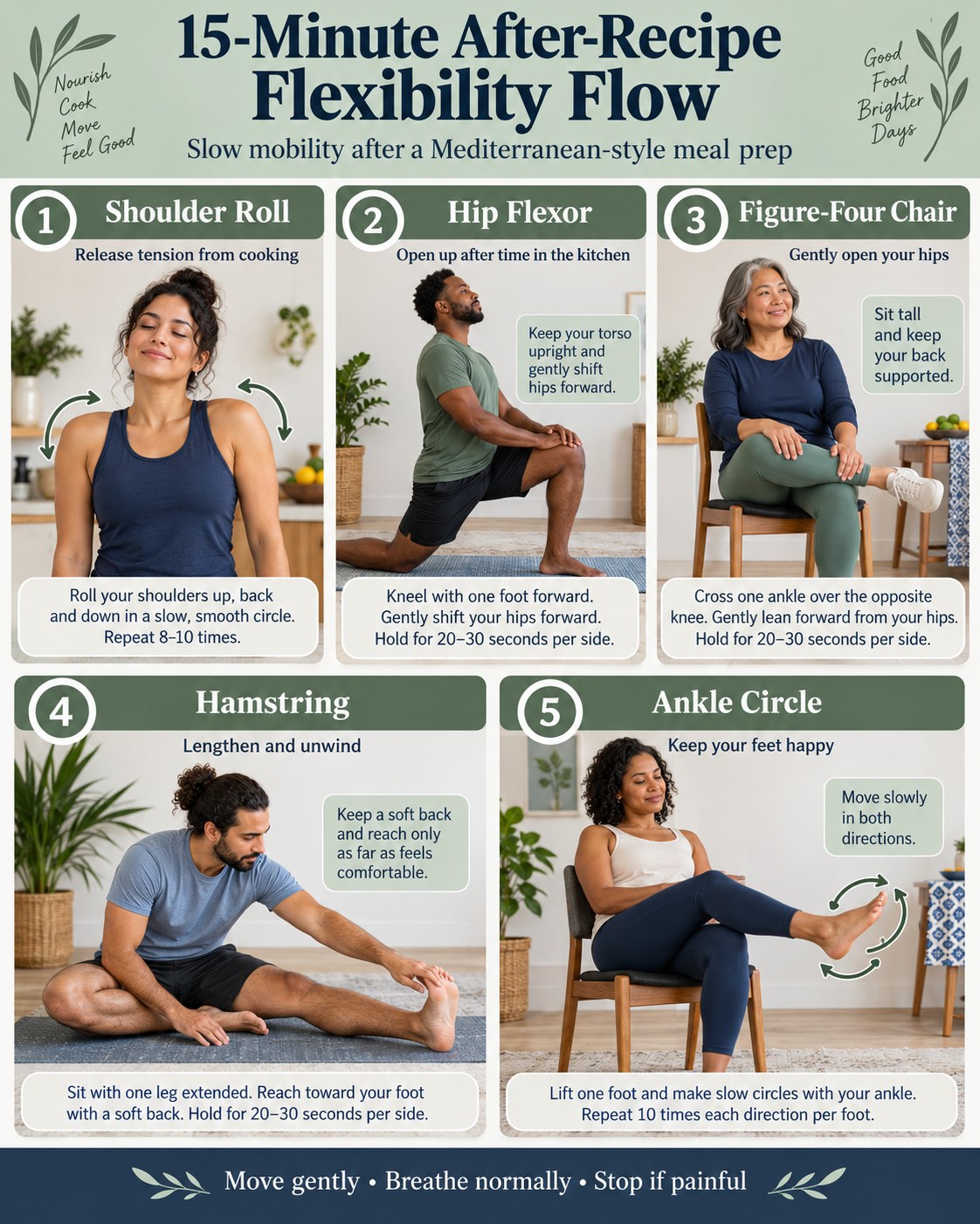 15-Minute After-Recipe Flexibility Flow infographic demonstrating shoulder rolls, hip flexor, chair figure-four, hamstring, ankle circles