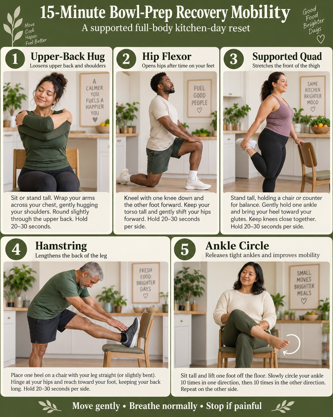15-Minute Bowl-Prep Recovery Mobility infographic demonstrating upper-back hug, hip flexor, supported quadriceps, hamstring, ankle circles