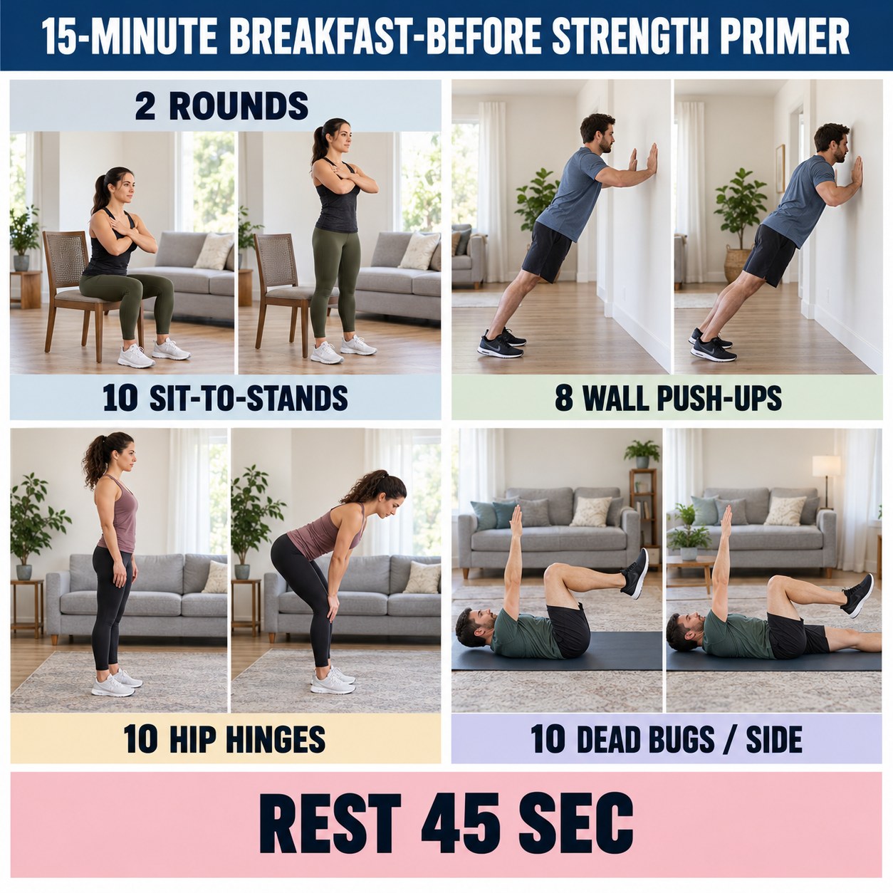 Breakfast-before strength primer with sit-to-stands, wall push-ups, hip hinges, and dead bugs