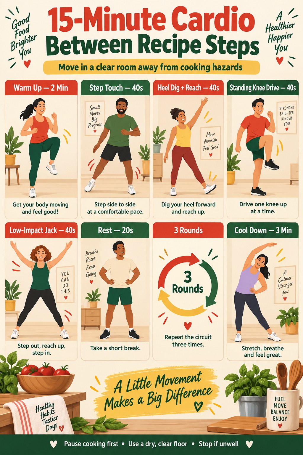 Low-impact cardio infographic showing step touches, heel digs with reaches, standing knee drives, and step-out jacks between recipe steps.