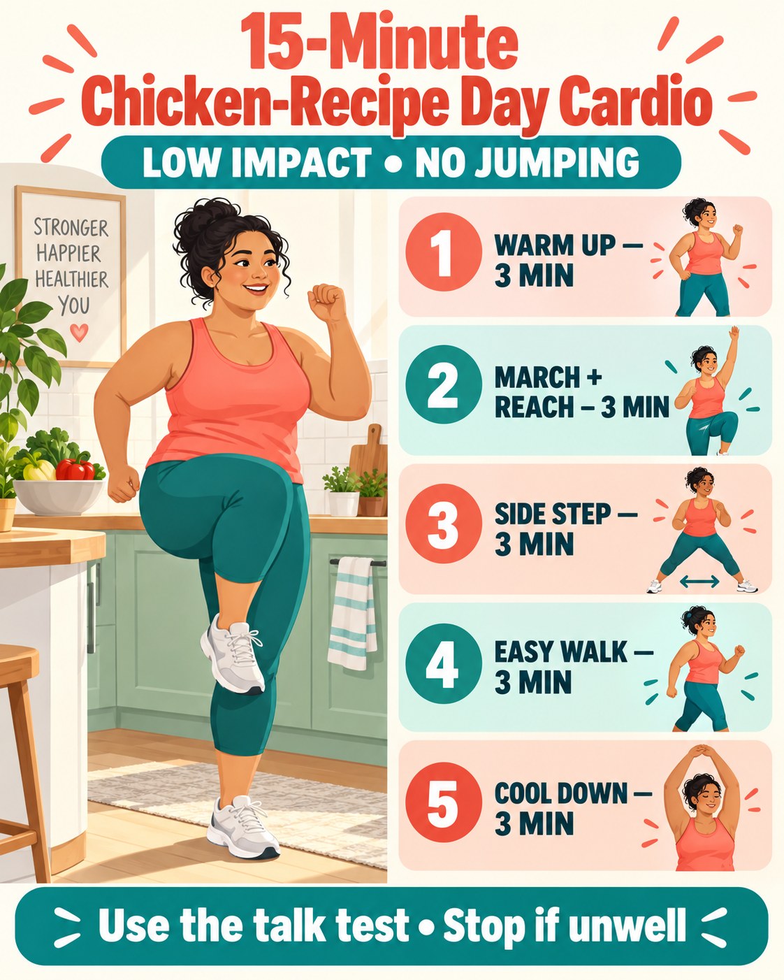 15-minute chicken-recipe day cardio infographic with five low-impact timed steps