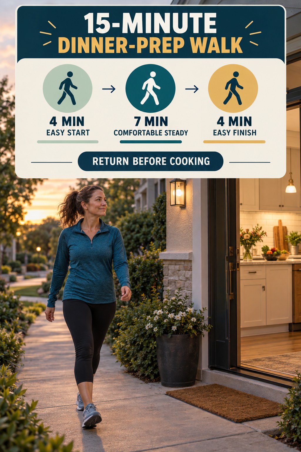 15-minute dinner-prep walking routine with easy start, comfortable steady middle and easy finish