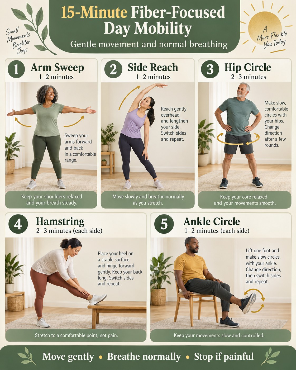 15-Minute Fiber-Focused Day Mobility infographic demonstrating arm sweeps, side reach, hip circles, hamstring, ankle circles
