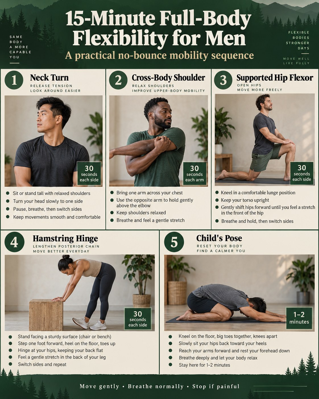 Men following a full-body flexibility routine with neck, shoulder, hip flexor, hamstring, and child pose stretches