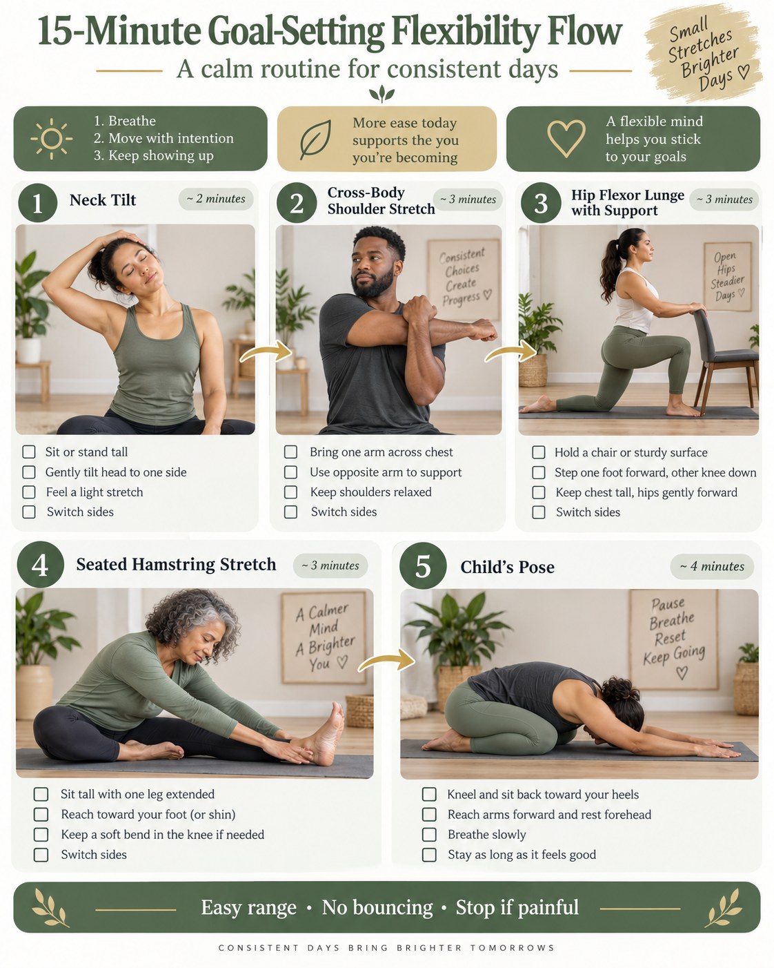 Beginner following a 15-minute goal-setting flexibility flow with neck, shoulder, hip, hamstring, and child pose stretches