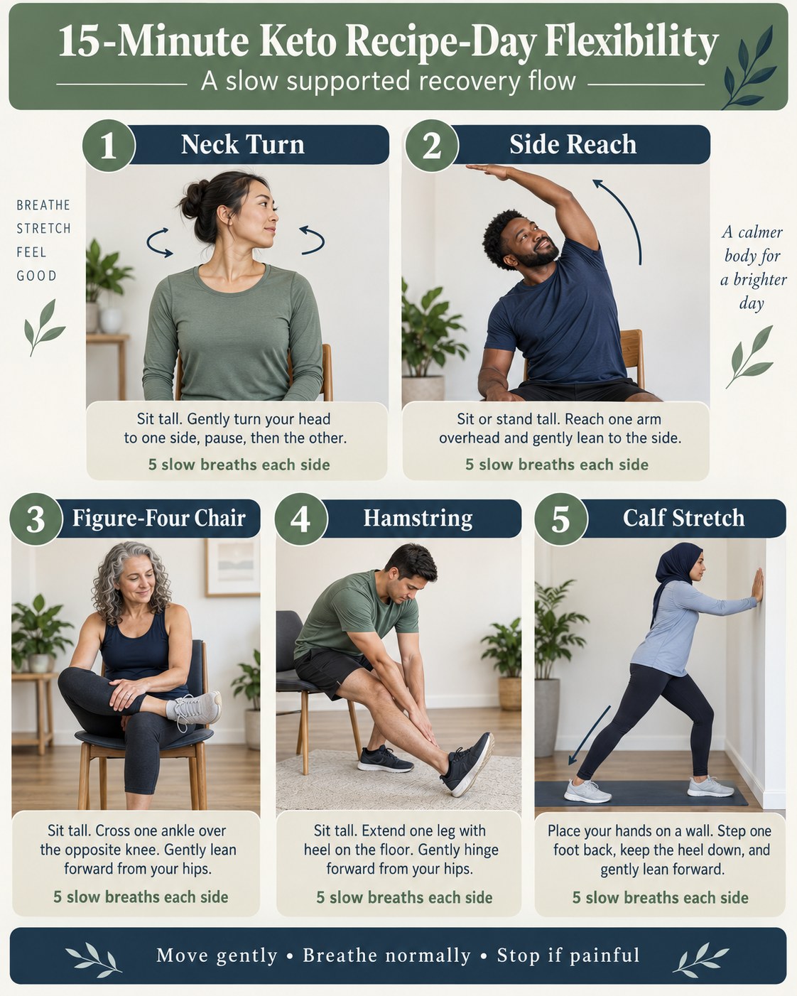 15-Minute Keto Recipe-Day Flexibility infographic demonstrating neck turn, side reach, chair figure-four, hamstring, calf stretch