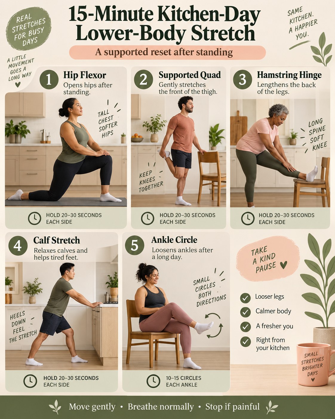 15-Minute Kitchen-Day Lower-Body Stretch infographic demonstrating hip flexor, supported quadriceps, hamstring hinge, calf stretch, and ankle circles