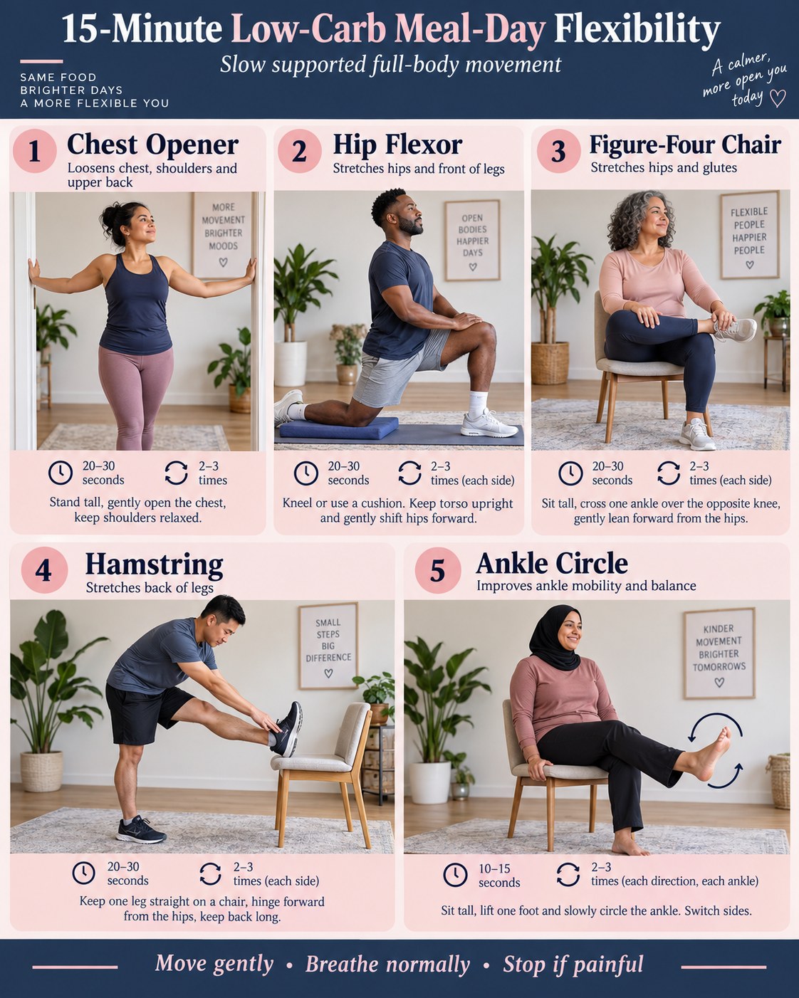 15-Minute Low-Carb Meal-Day Flexibility infographic demonstrating chest opener, hip flexor, chair figure-four, hamstring, ankle circles