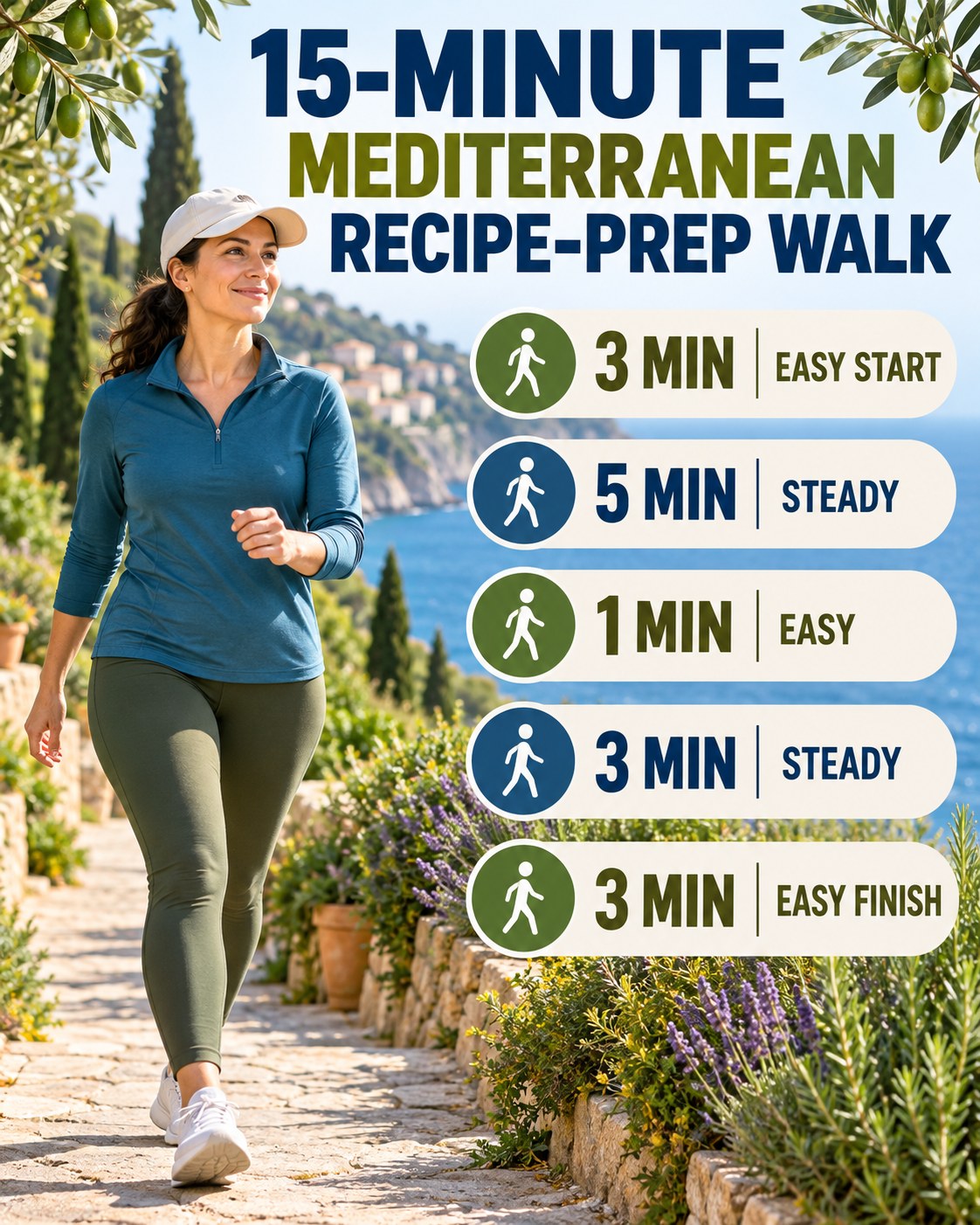 15-minute Mediterranean recipe-prep walking routine with two steady blocks and easy recovery