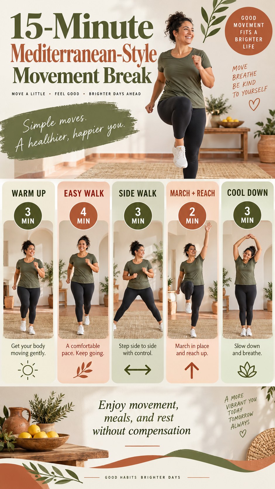 English infographic for 15-minute mediterranean-style movement break showing the timed low-impact workout and safety guidance.
