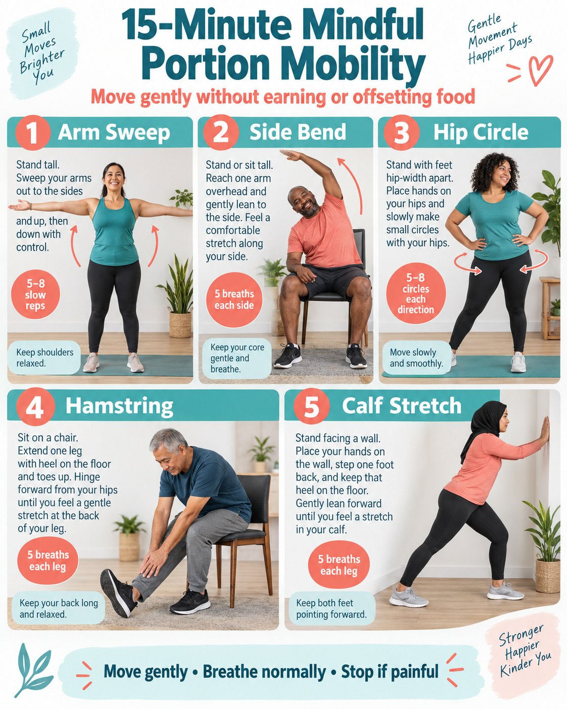 15-Minute Mindful Portion Mobility infographic demonstrating arm sweeps, side bend, hip circles, hamstring, calf stretch