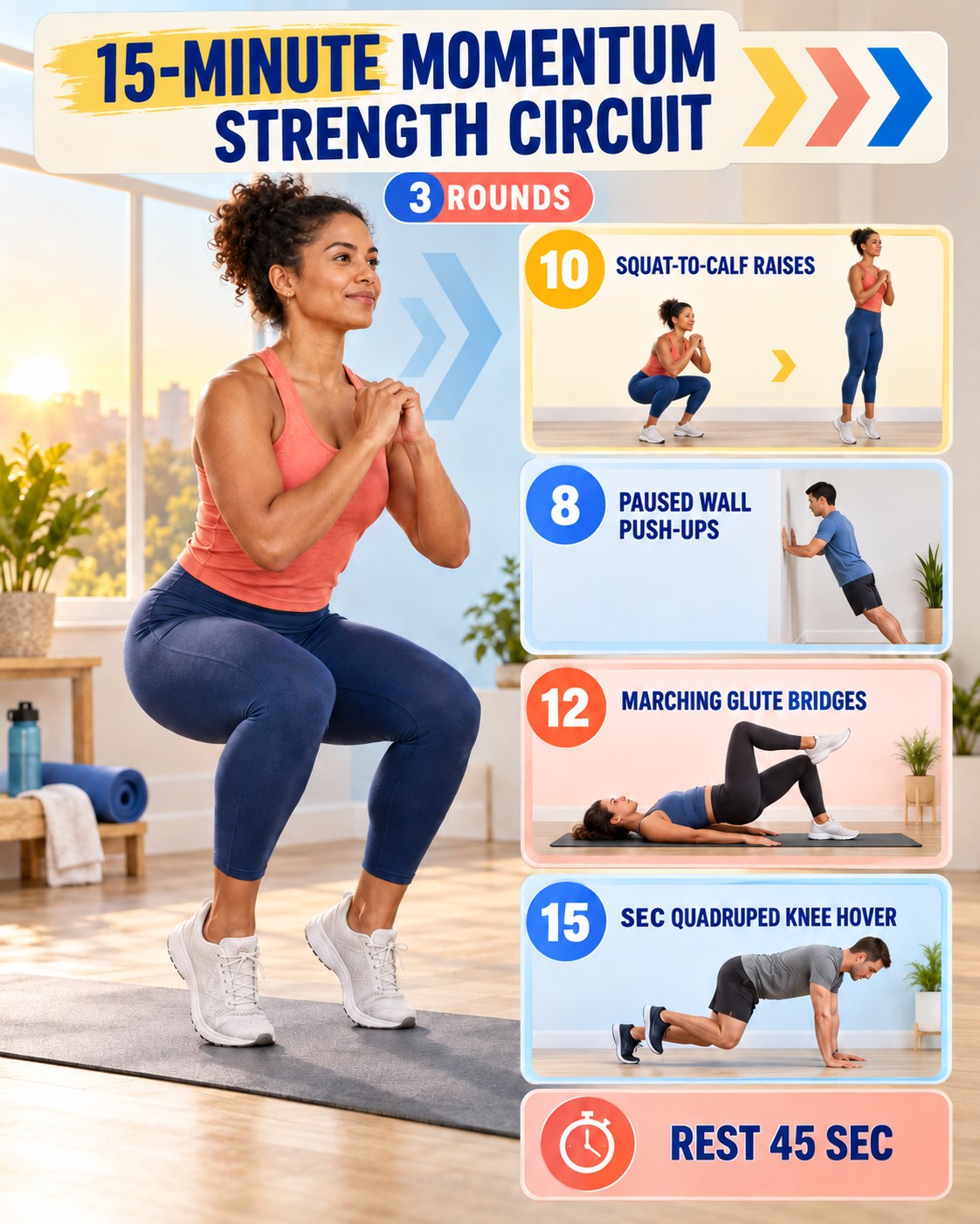 Woman doing a squat-to-calf raise beside a 15-minute momentum strength circuit infographic.