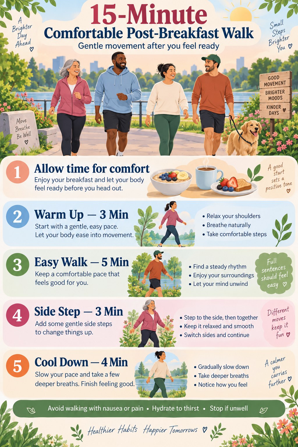 Post-breakfast walking infographic showing time for comfort, a warm-up, easy walking, side steps, a cool-down, full-sentence pacing, and symptom guidance.