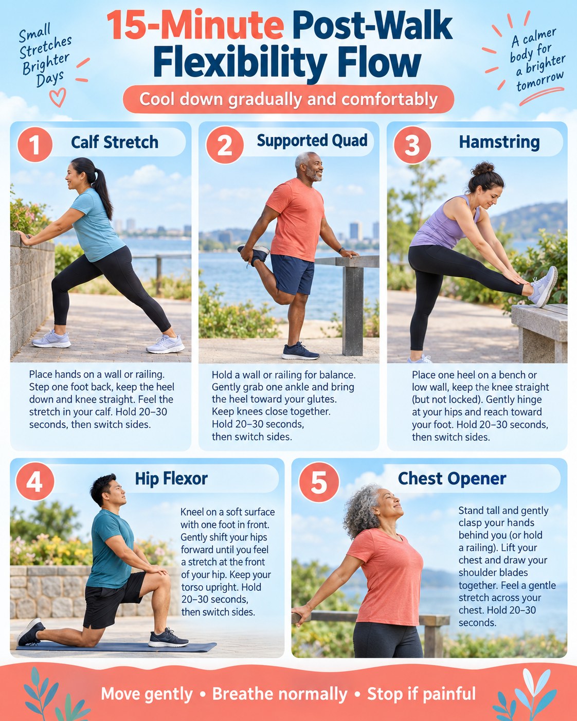 15-Minute Post-Walk Flexibility Flow infographic demonstrating calf stretch, supported quadriceps, hamstring, hip flexor, chest opener