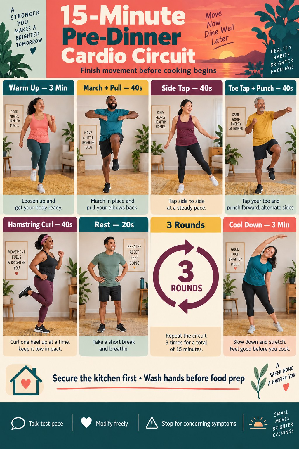 Pre-dinner cardio infographic showing marching with pulls, side taps, toe taps with punches, hamstring curls, rest, three rounds, and kitchen safety.