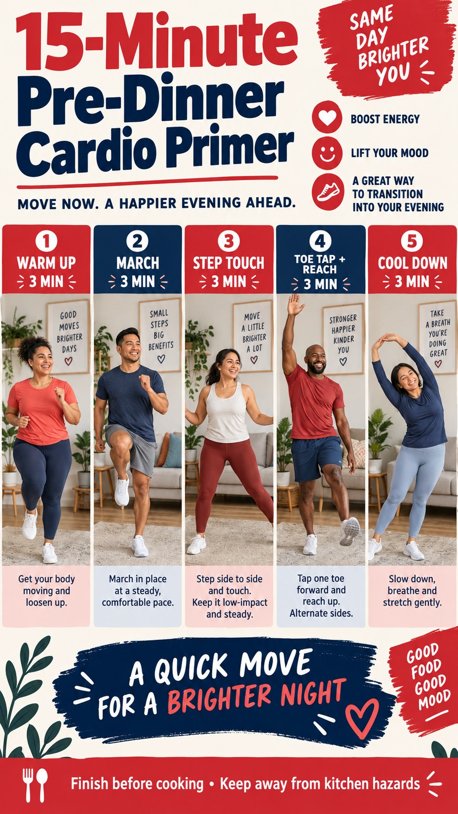 English infographic for 15-minute pre-dinner cardio primer showing the timed low-impact workout, safety guidance, and cool-down.
