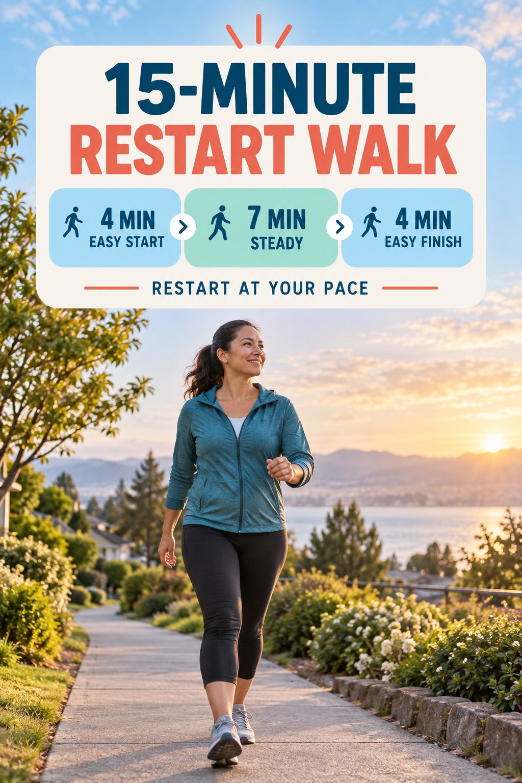 15-minute restart walking routine with four-minute easy start, seven-minute steady walk and easy finish