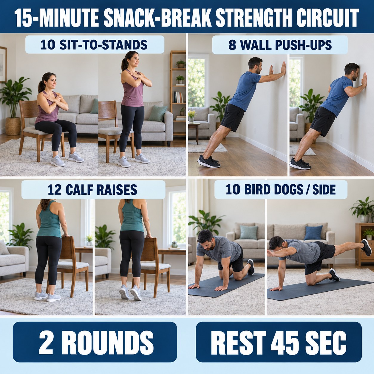 Snack-break strength circuit with sit-to-stands, wall push-ups, calf raises, and bird dogs