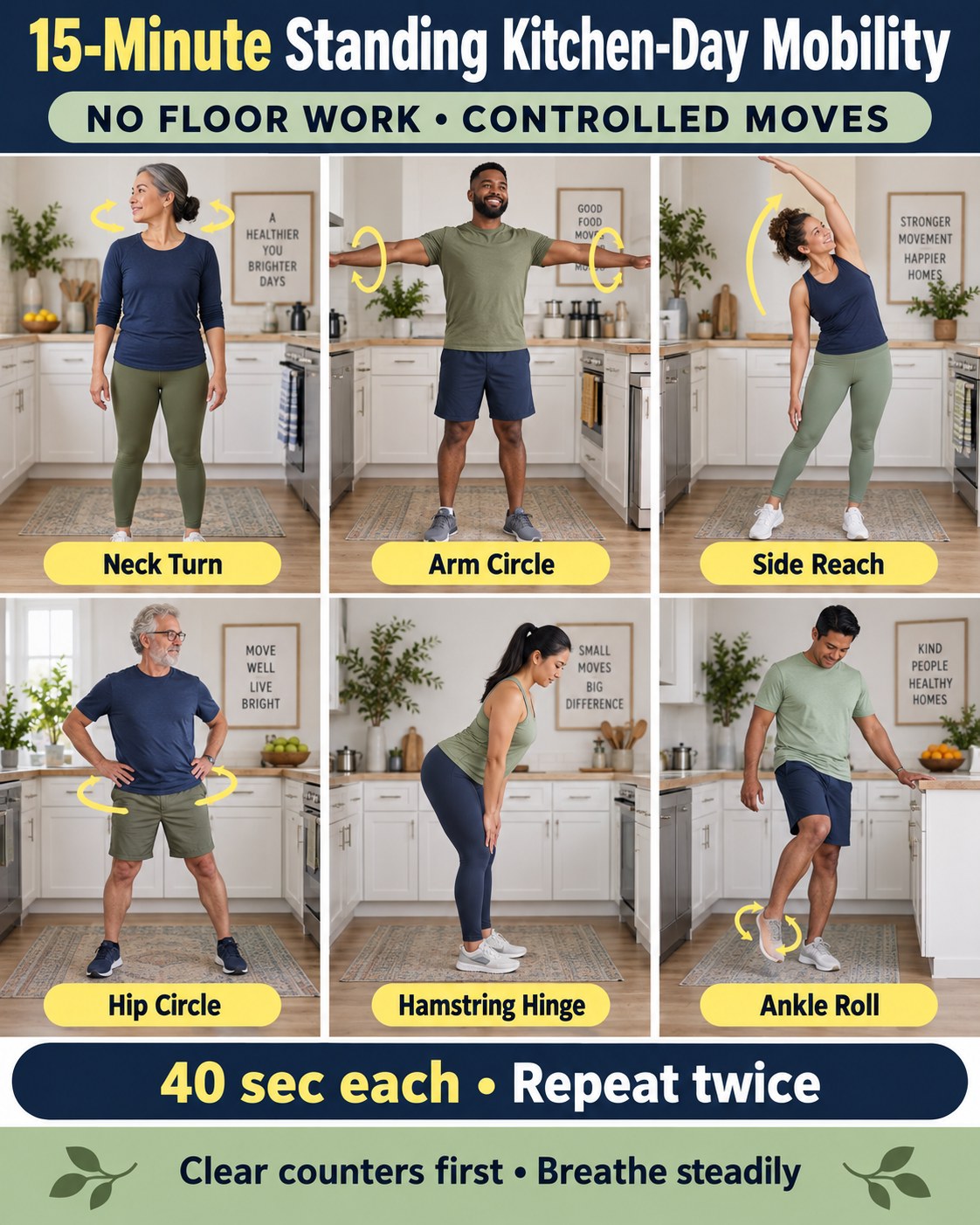 15-minute standing kitchen-day mobility infographic with six controlled movements