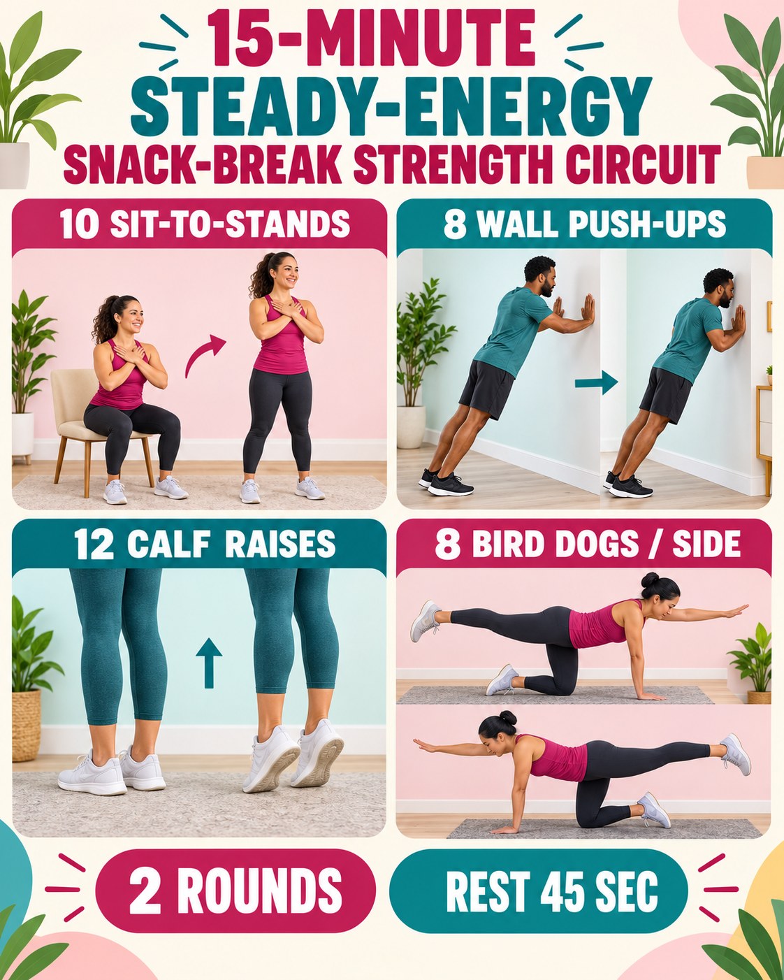 15-minute steady-energy snack-break strength circuit with four illustrated exercises