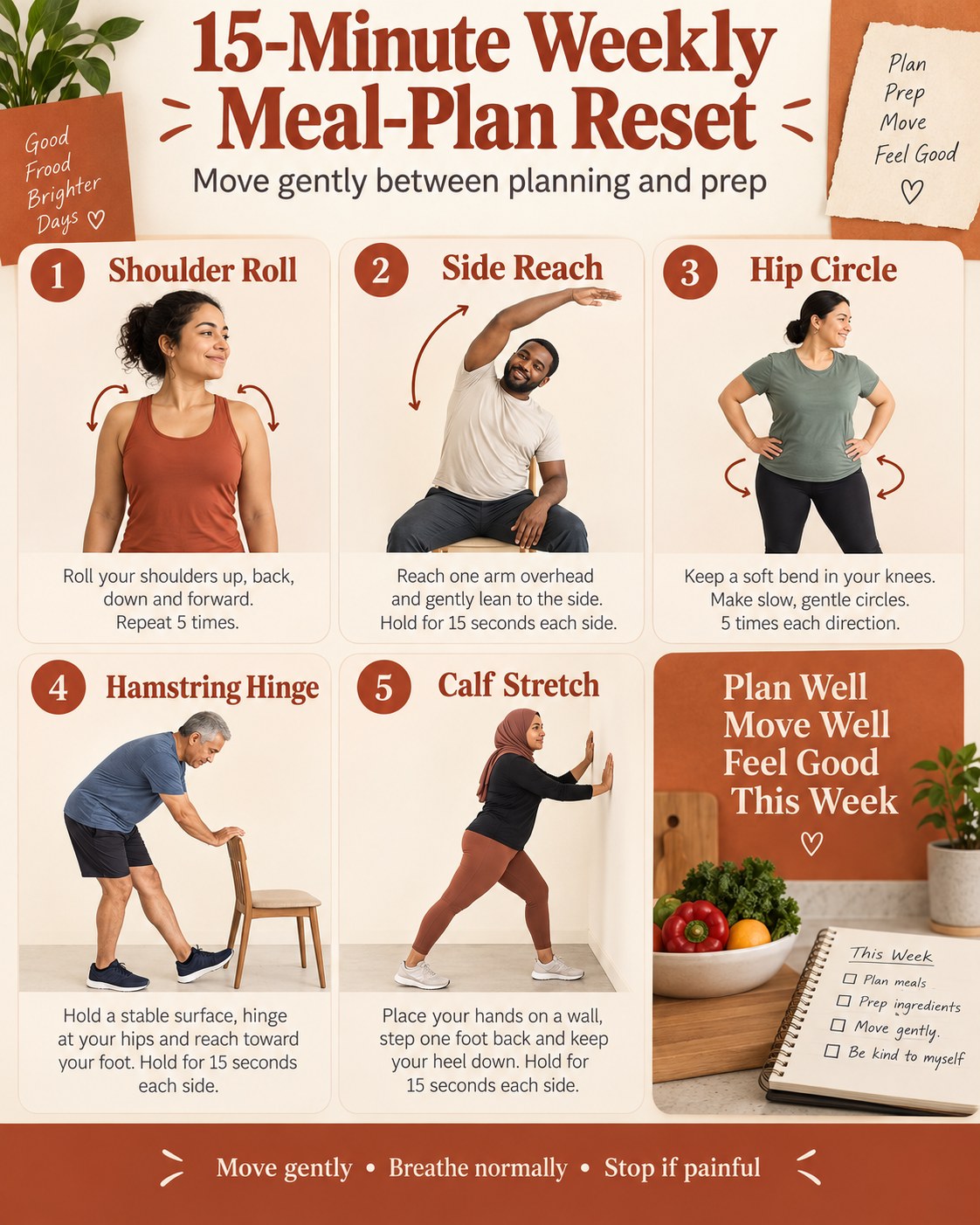15-Minute Weekly Meal-Plan Reset infographic demonstrating shoulder rolls, side reach, hip circles, hamstring hinge, and calf stretch