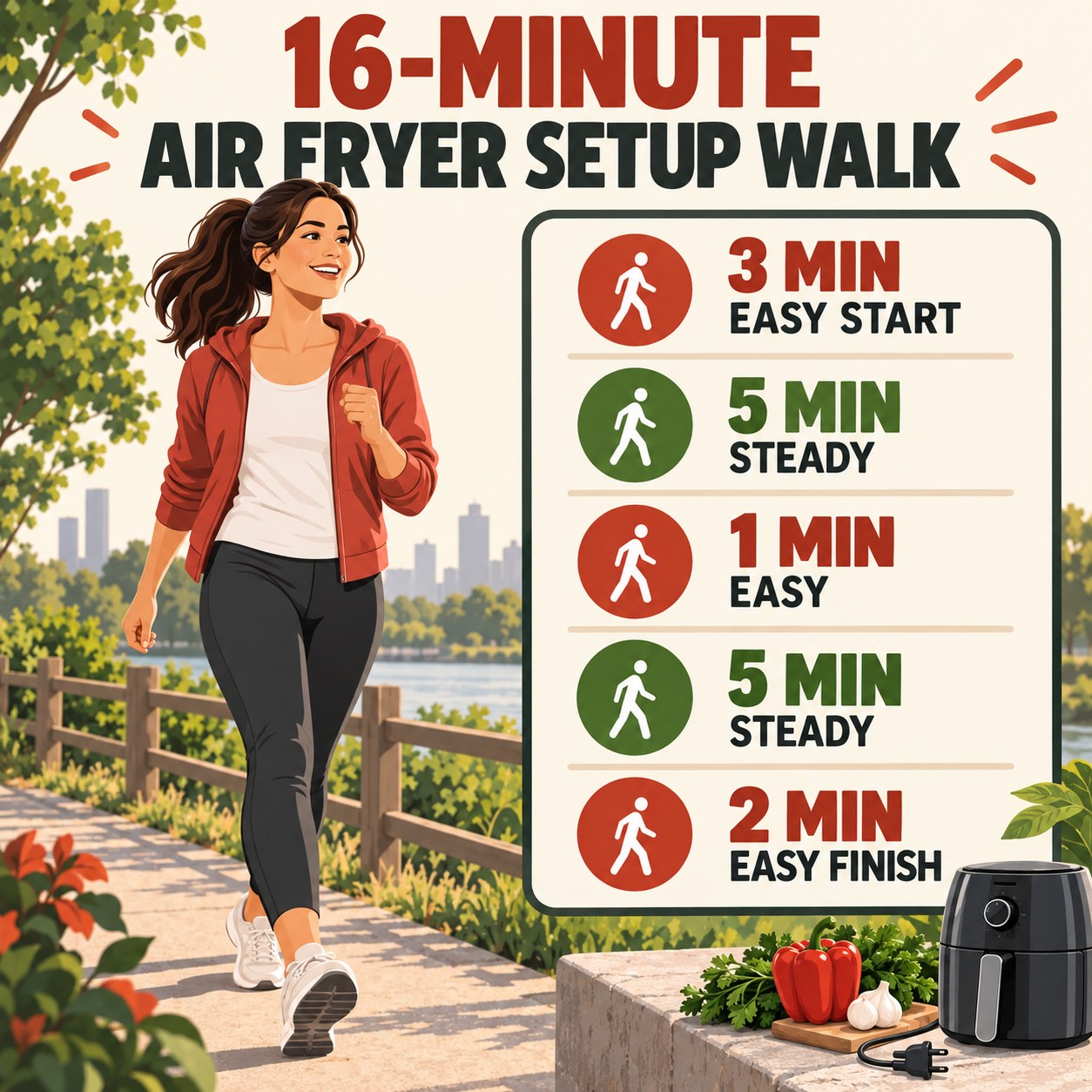 16-minute air fryer setup walking routine with steady blocks and easy recovery