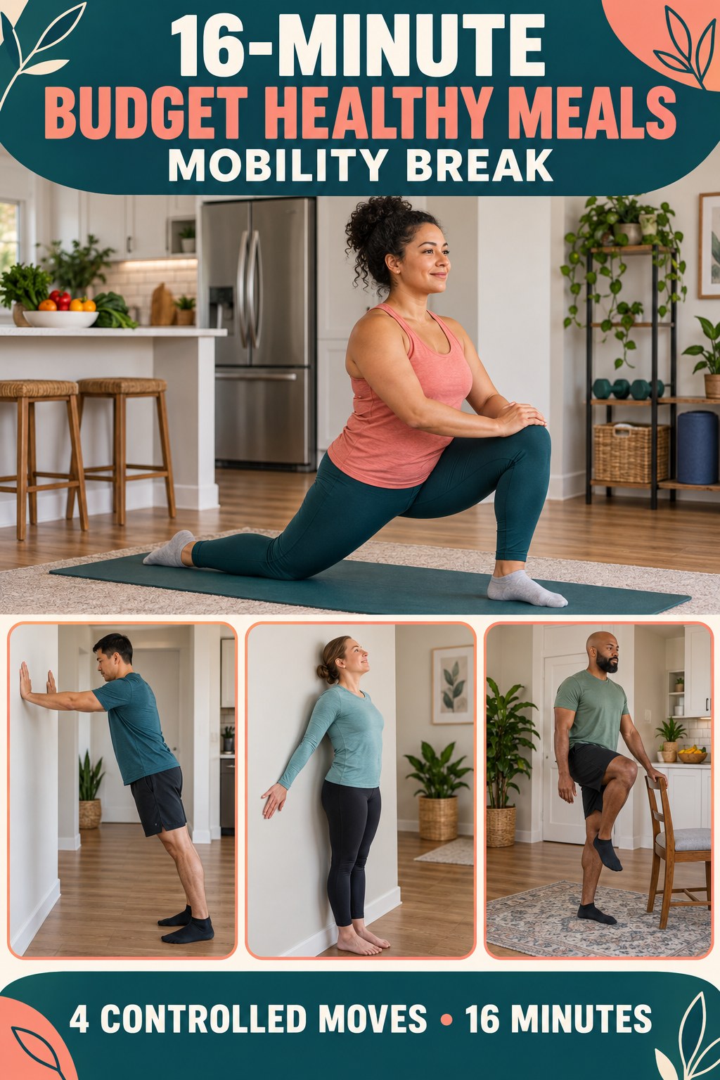 Adult demonstrating low lunge rock-backs in a 16-minute budget healthy meals mobility break infographic.