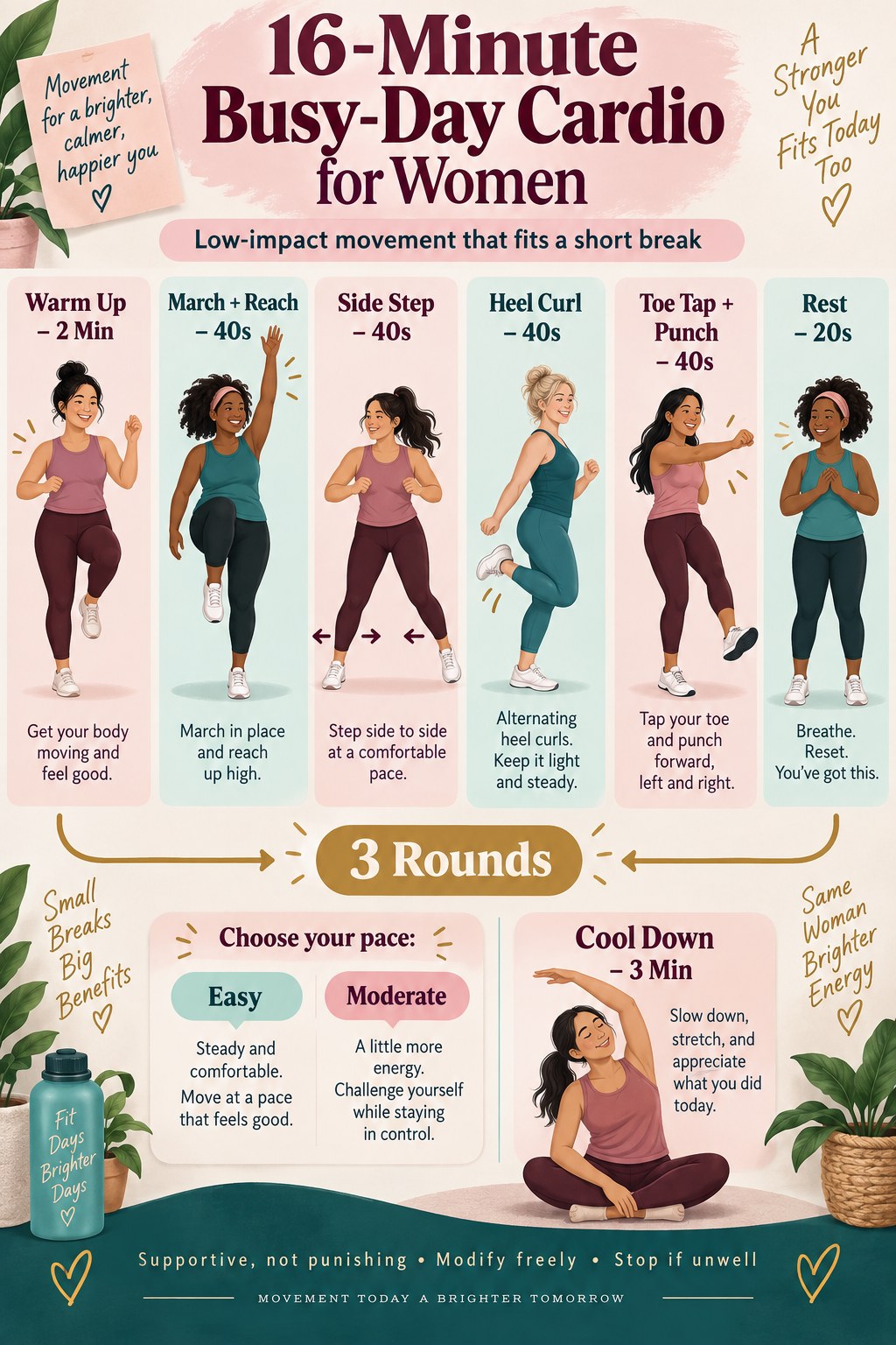 Busy-day cardio infographic for women showing marching with reaches, side steps, heel curls, toe taps with punches, rest, and a cool-down.