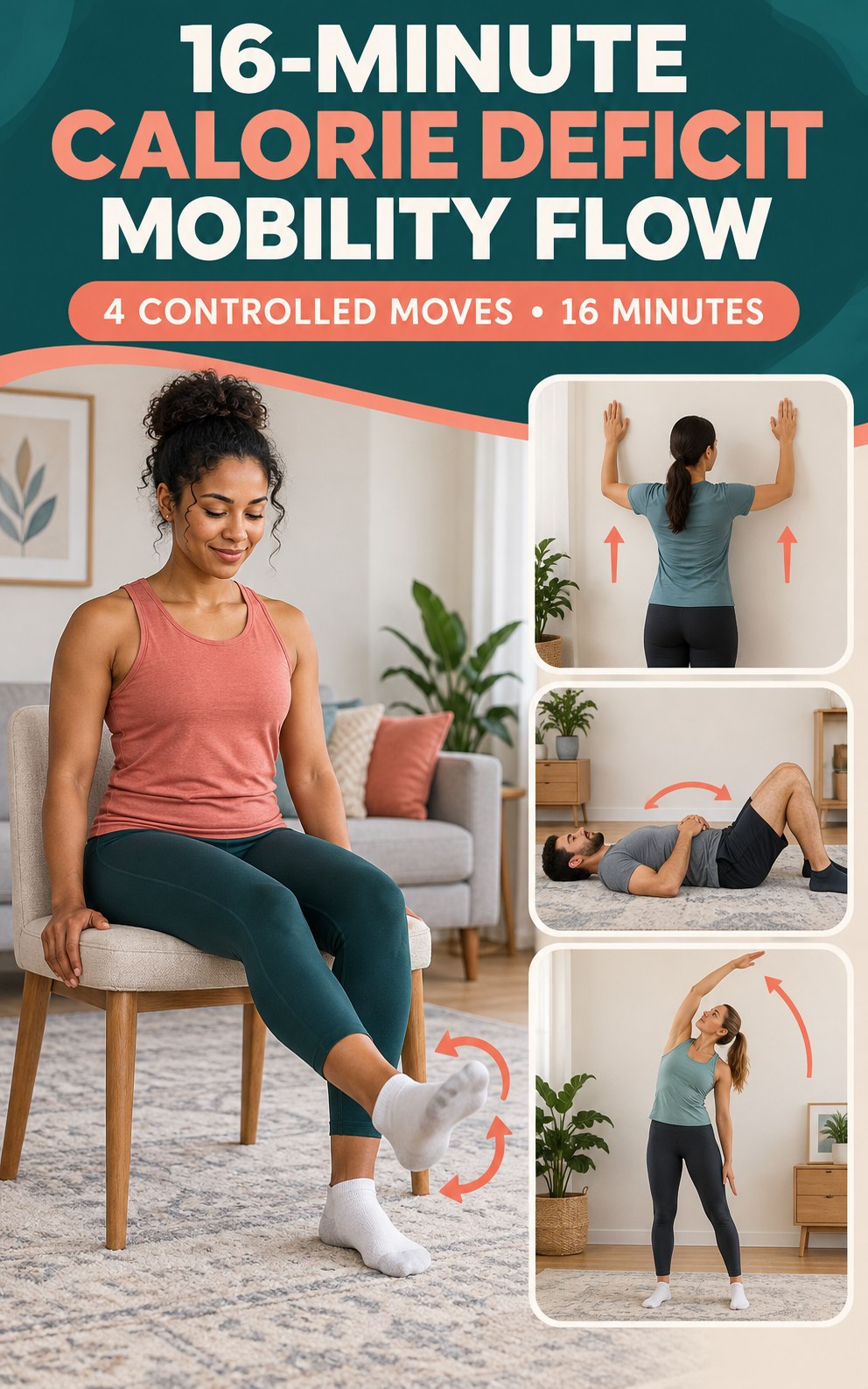 Adult demonstrating seated ankle circles in a 16-minute calorie deficit mobility flow infographic.