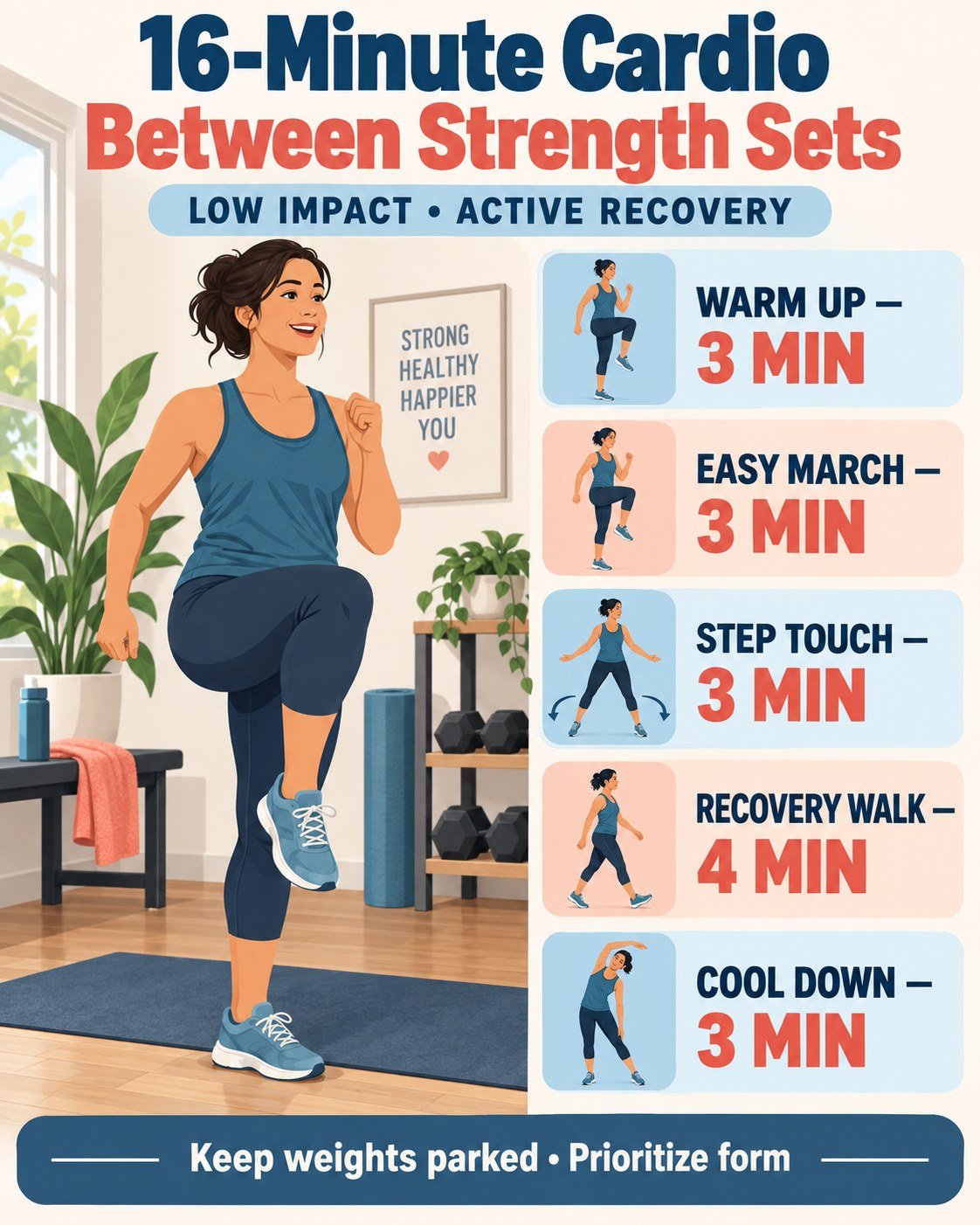 16-minute cardio between strength sets infographic with five low-impact recovery blocks