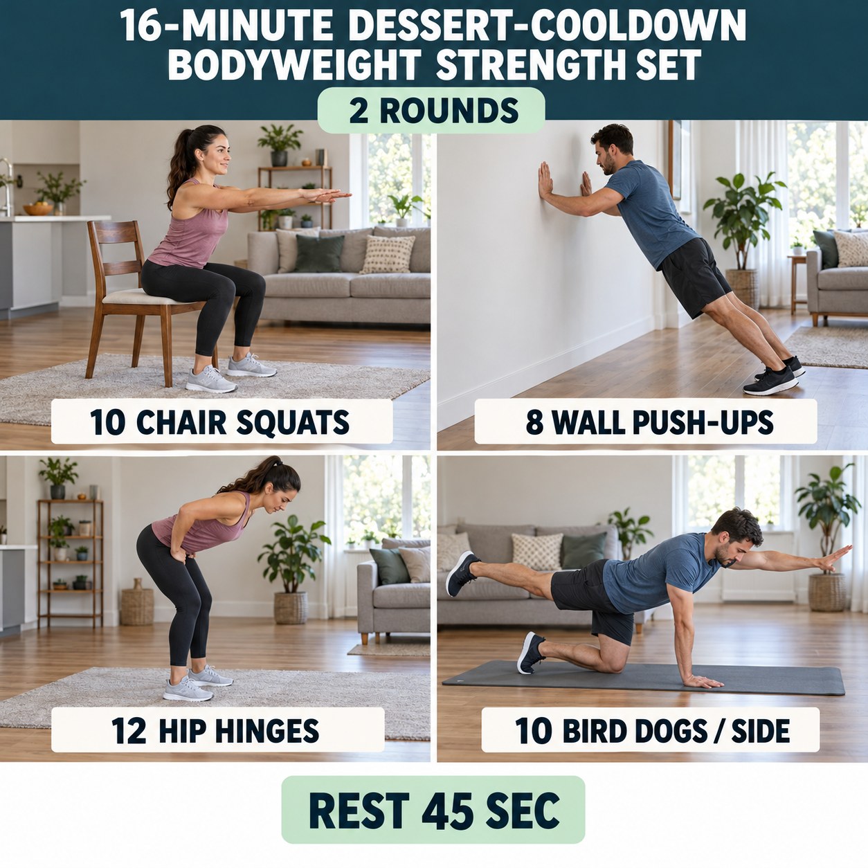 Dessert-cooldown bodyweight strength set with chair squats, wall push-ups, hip hinges, and bird dogs