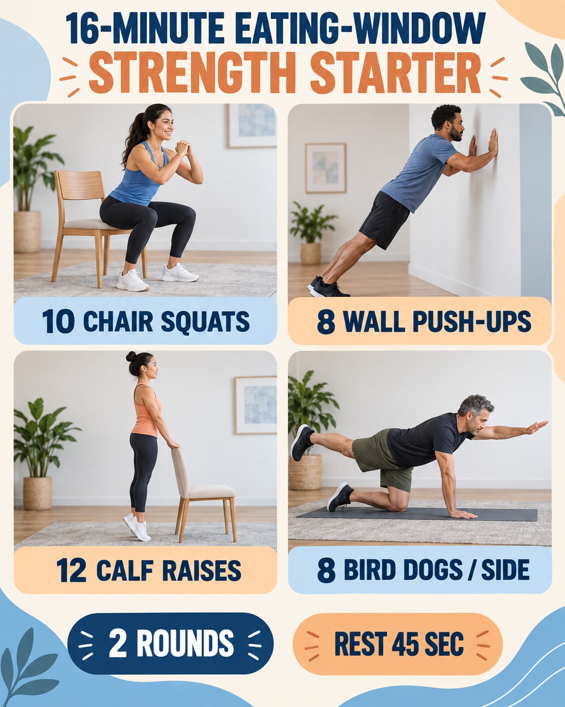16-minute eating-window strength starter with four illustrated beginner exercises
